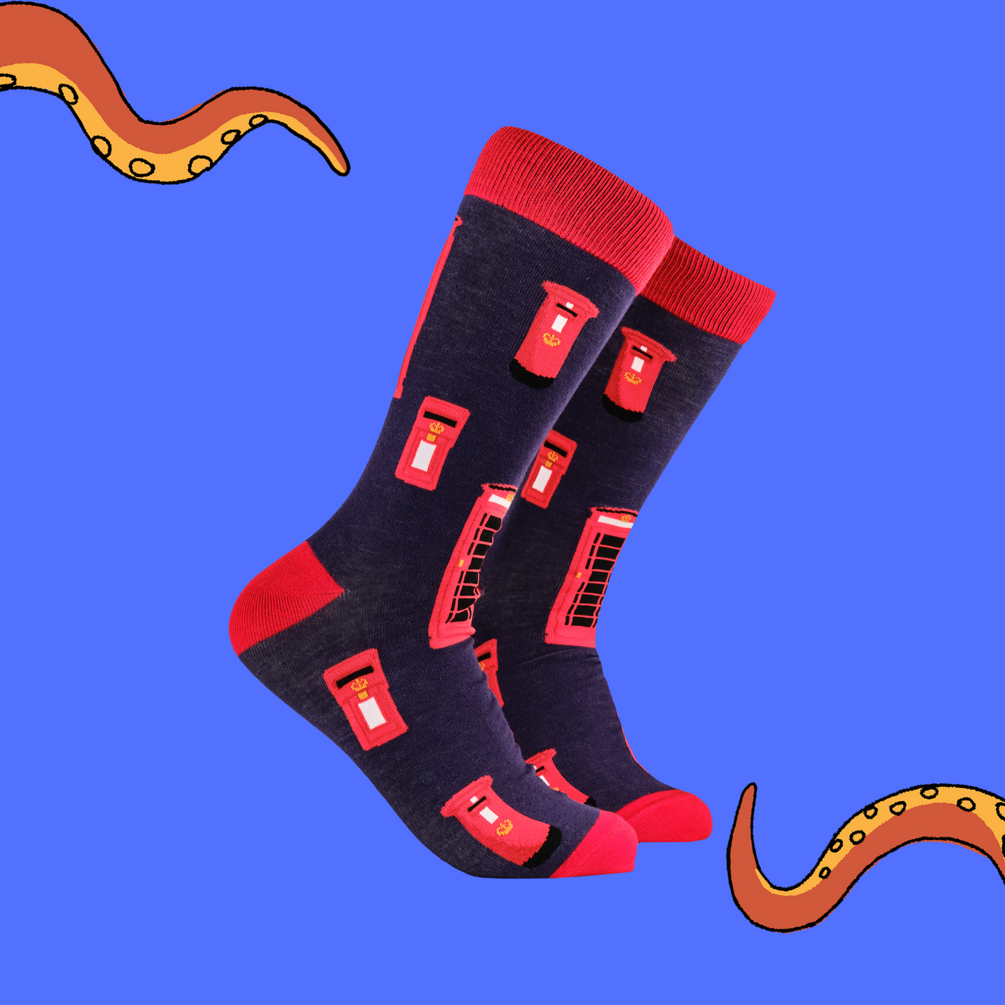 A pair of socks with a red telephone box motif. Dark blue legs, red heel, toe and cuff.