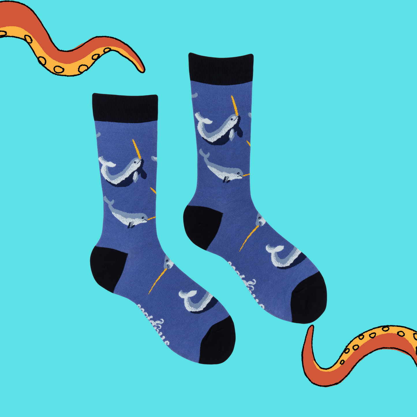A pair of socks featuring Narwhals. Deep blue legs, black heel, toe and cuff.