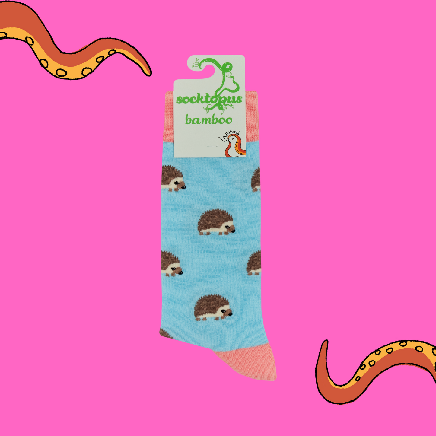 A pair of socks featuring cute hedgehogs. Bright blue legs, pink heel, toe and cuff.