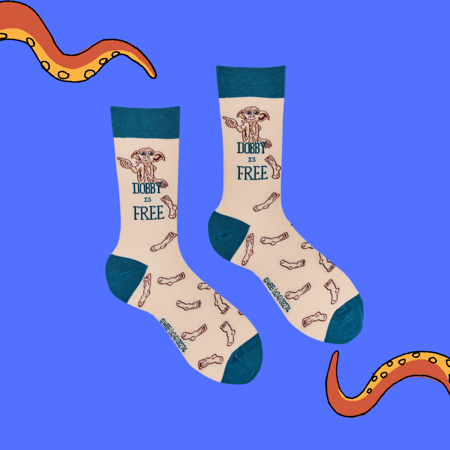 A pair of socks depicting Dobby the house elf. Cream legs, blue cuff, heel and toe.