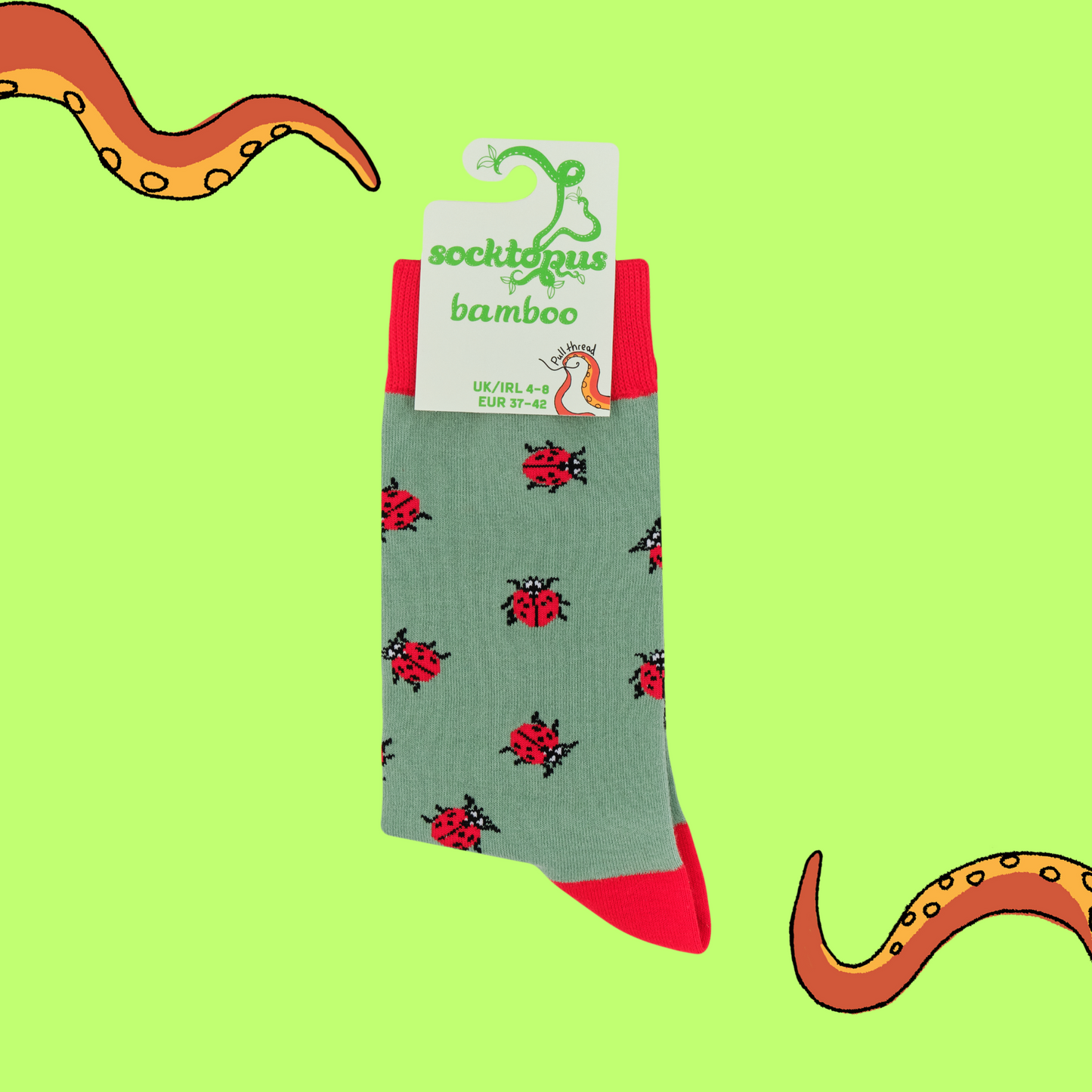 A pair of socks with a ladybird motif. Green legs, red heel, toe and cuff.