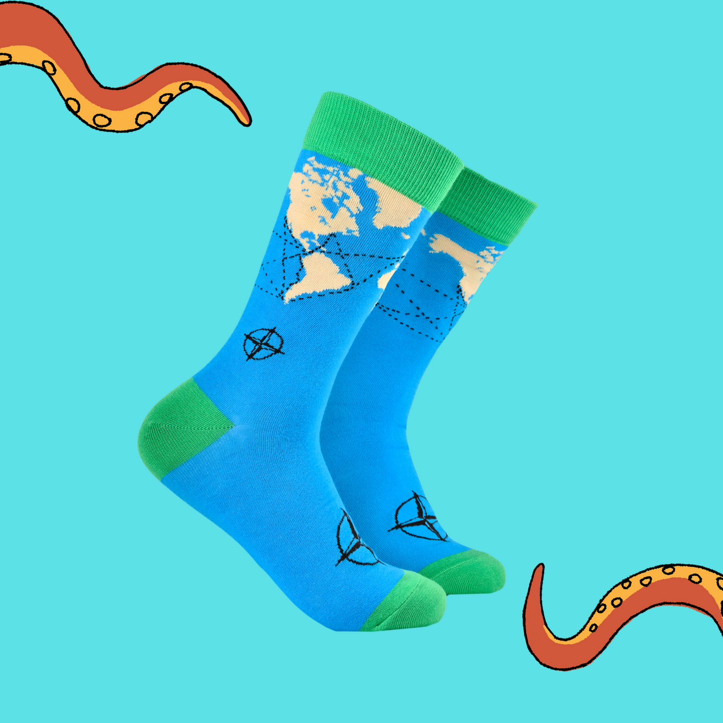 A pair of socks featuring a world map and compass. Bright blue legs, green heel, toe and cuff.