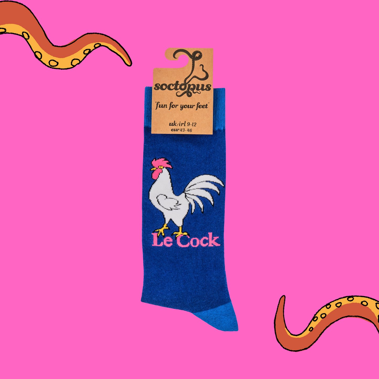 A pair of socks depicting a rooster whos in charge. Blue legs, light blue heel, toe and cuff.