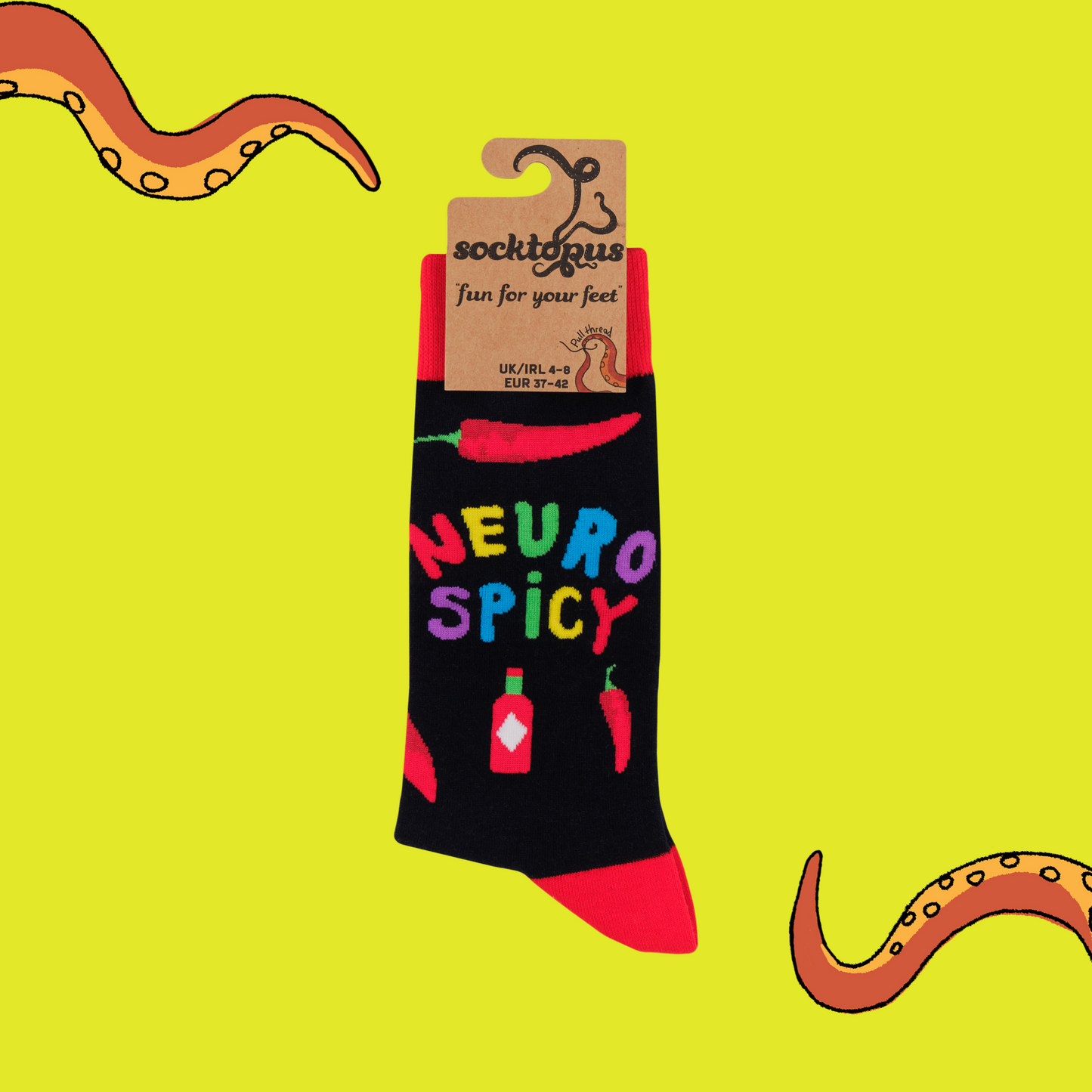 A pair of socks that celebrate your spicy brain. Black legs, red heel, toe and cuff.