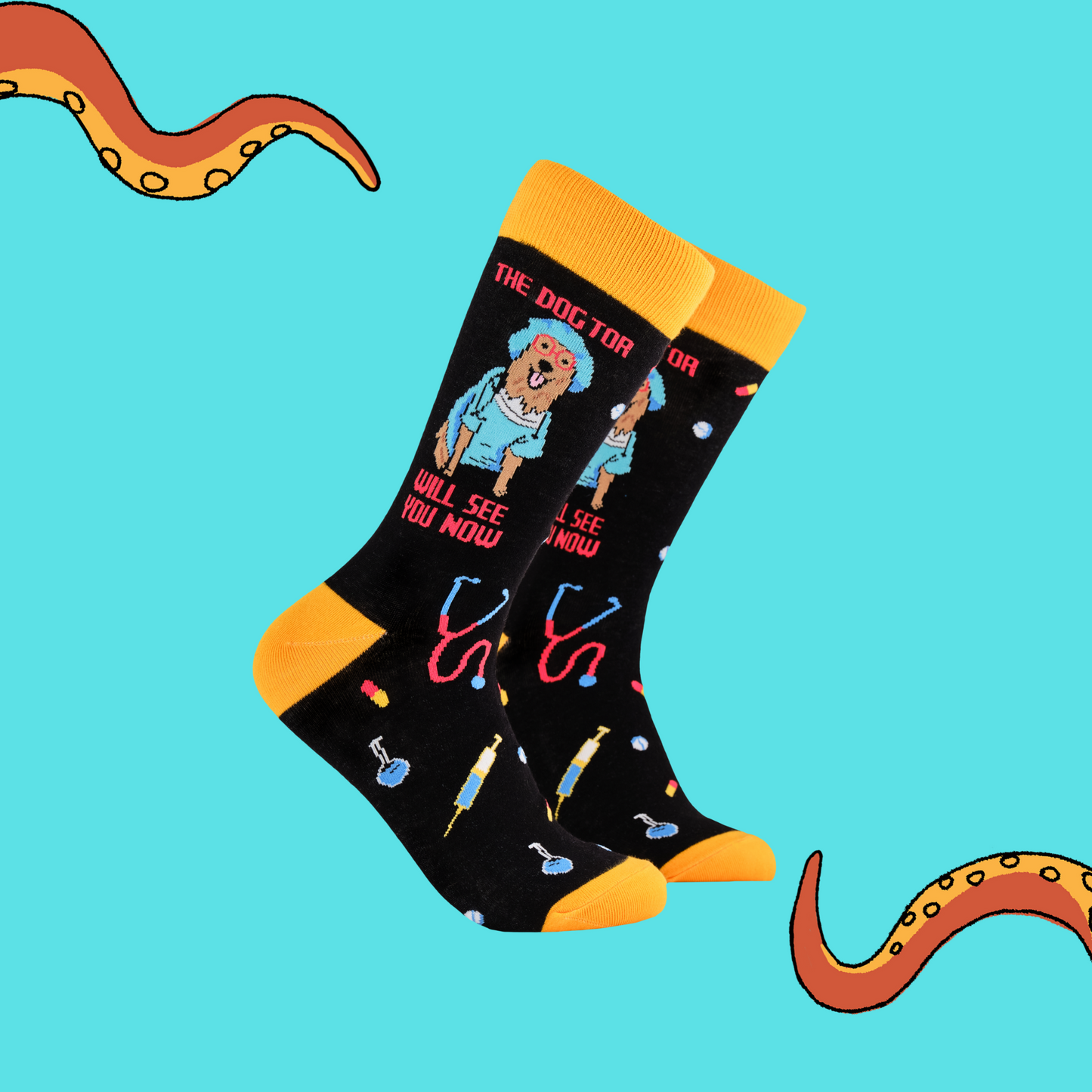 A pair of socks depicting a dog dressed in medical scrubs. Black legs, yellow cuff, heel and toe.
