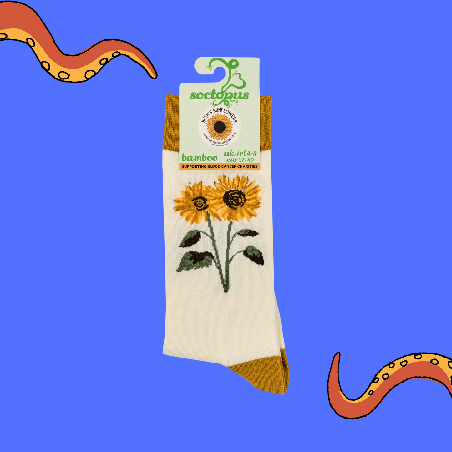 Cream socks with sunflower design on a blue background