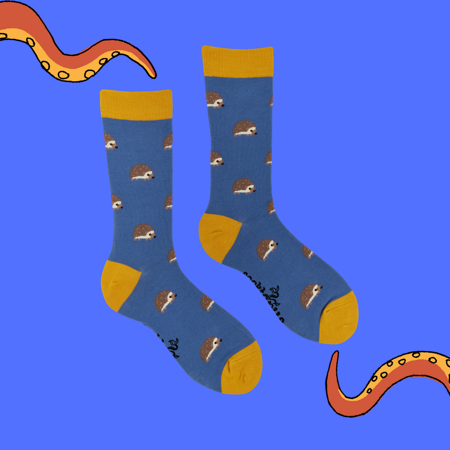 A pair of socks featuring cute hedgehogs. Dark blue legs, yellow heel, toe and cuff.