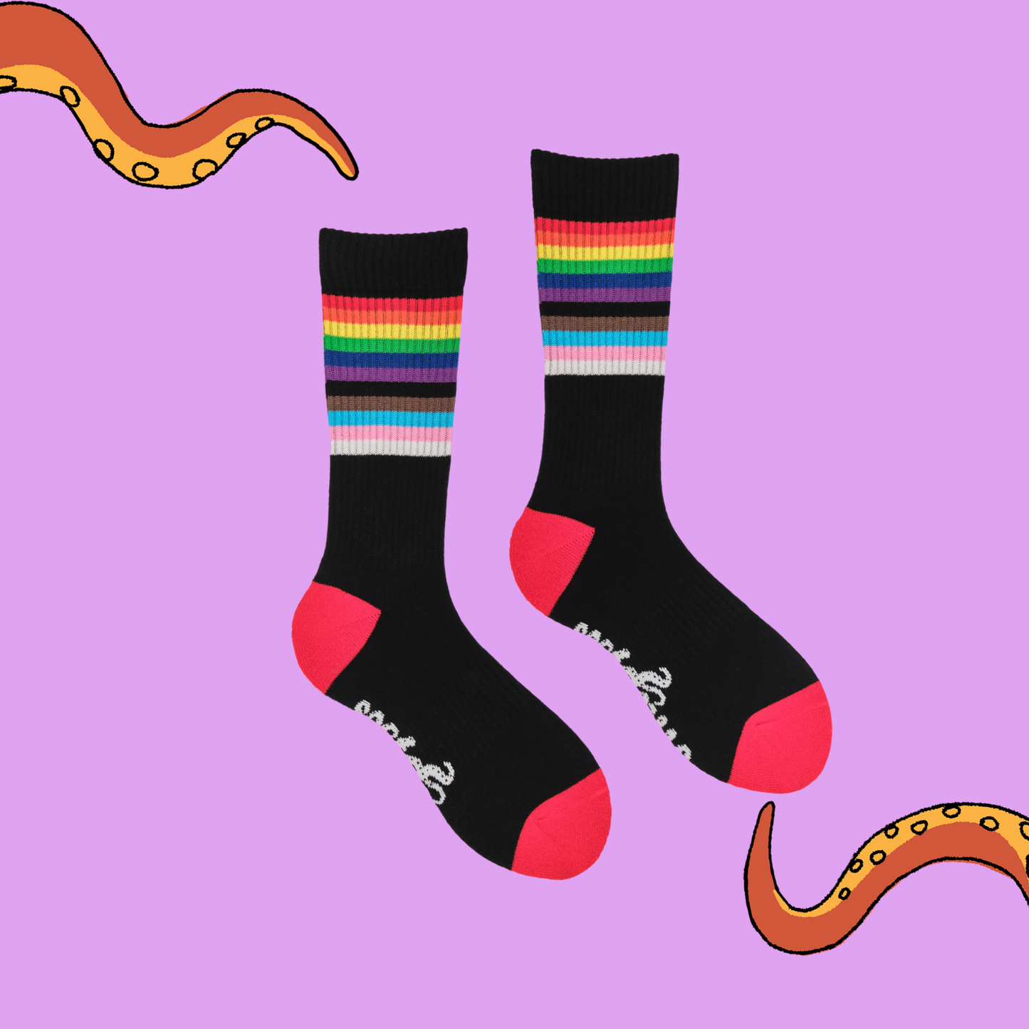 A pair of socks depicting the pride flag. Black legs, black cuff, red heel and toe.