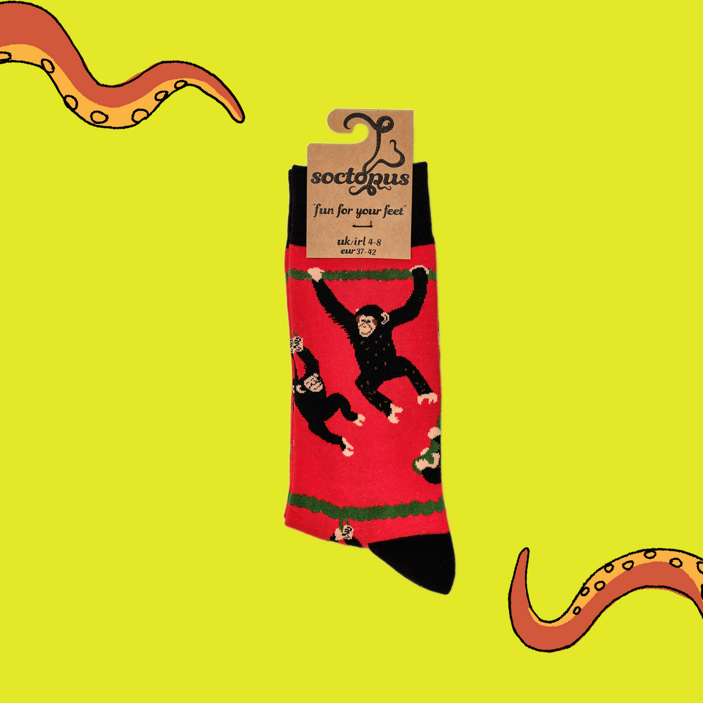 A pair of socks depicting playful chimpanzees. Red legs, black cuff, heel and toe. In Soctopus Packaging.