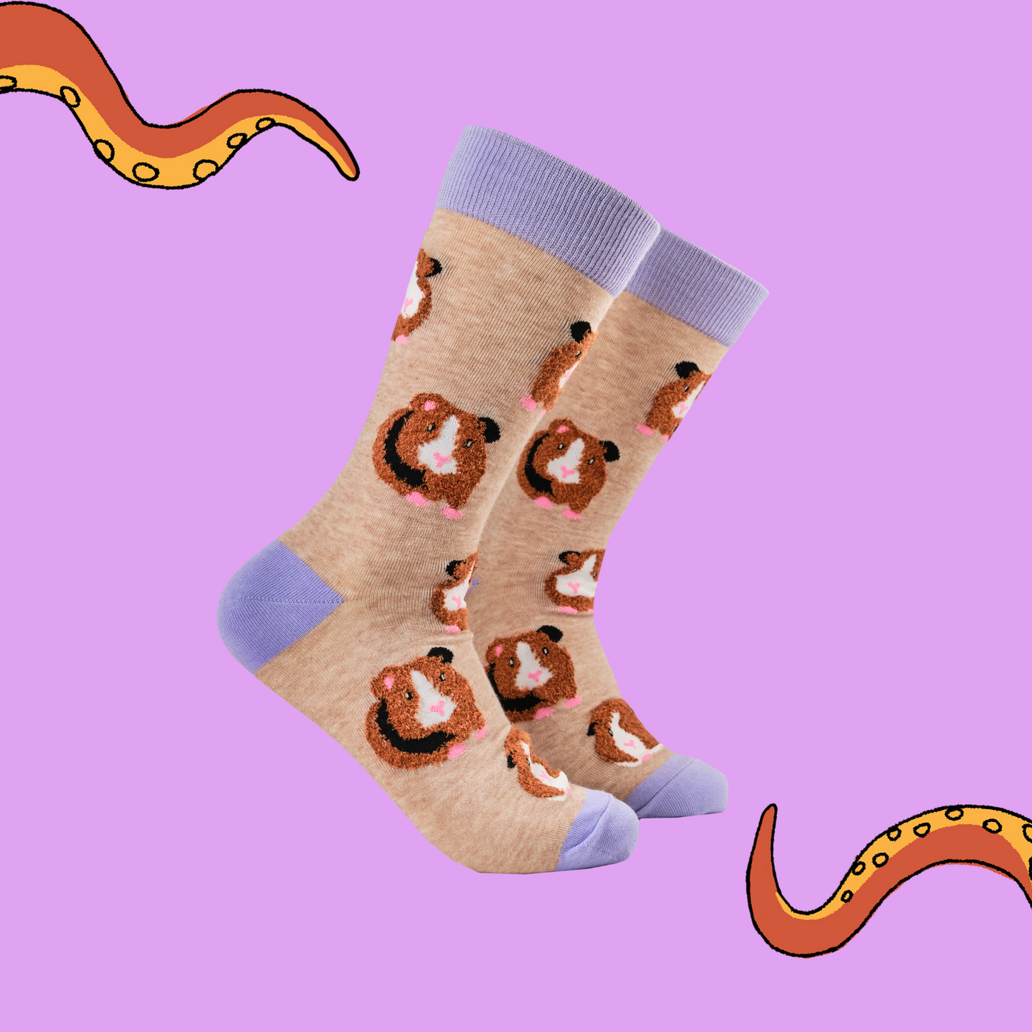 A pair of socks with fluffy guinea pigs. Brown legs, purple heel, toe and cuff.
