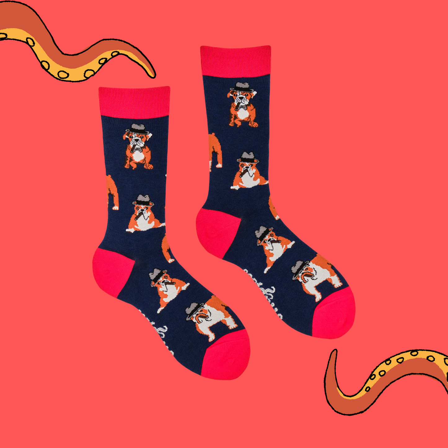 A pair of socks with a bulldog and winston churchill motif. Dark blue legs, red heel, toe and cuff.