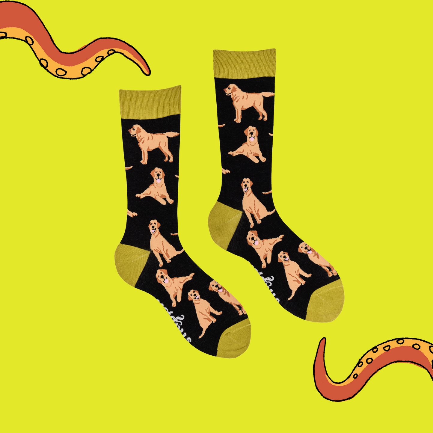A pair of socks depicting Labrador dogs. Black legs, mustard cuff, heel and toe.