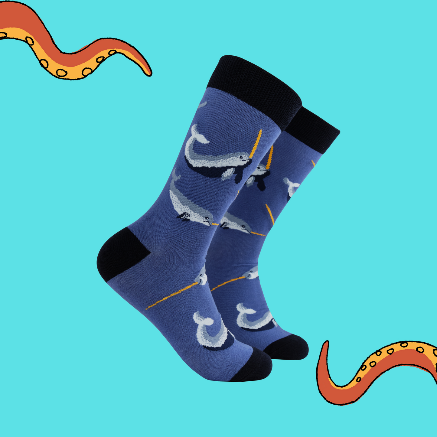 A pair of socks featuring Narwhals. Deep blue legs, black heel, toe and cuff.