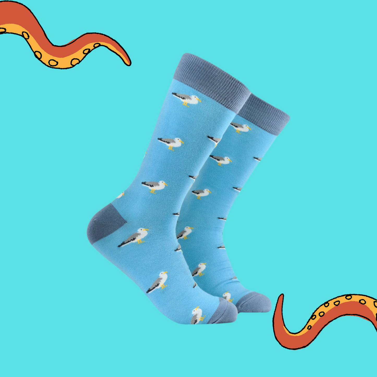 A pair of socks depicting seagulls. Blue legs, blue heel, toe and cuff.