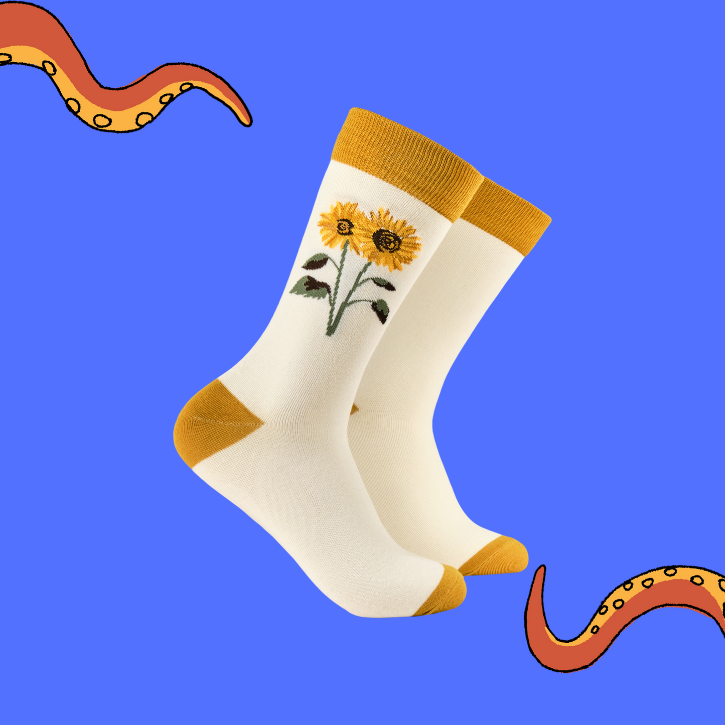 Cream socks with sunflower design on a blue background
