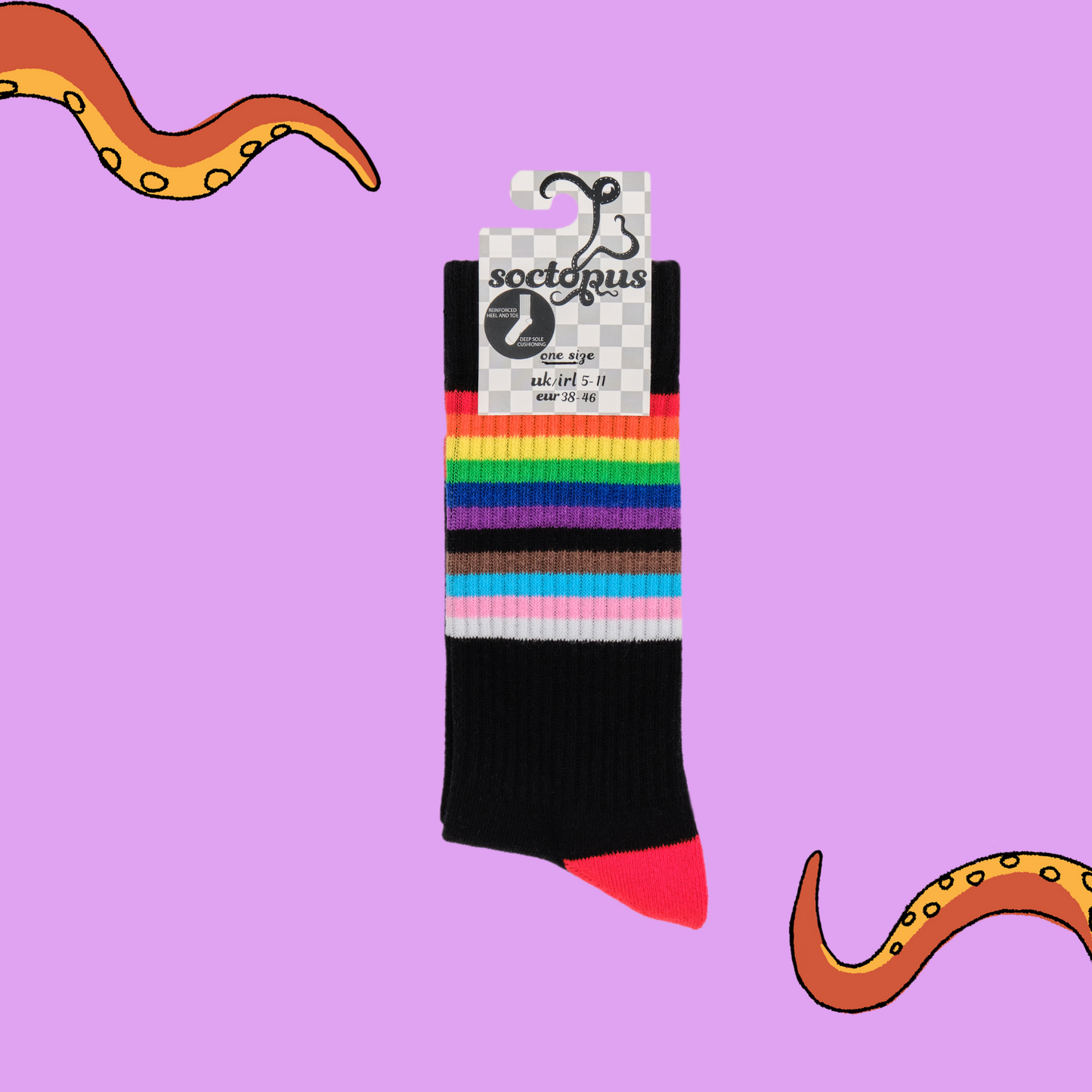 A pair of socks depicting the pride flag. Black legs, black cuff, red heel and toe. In Soctopus Packaging.