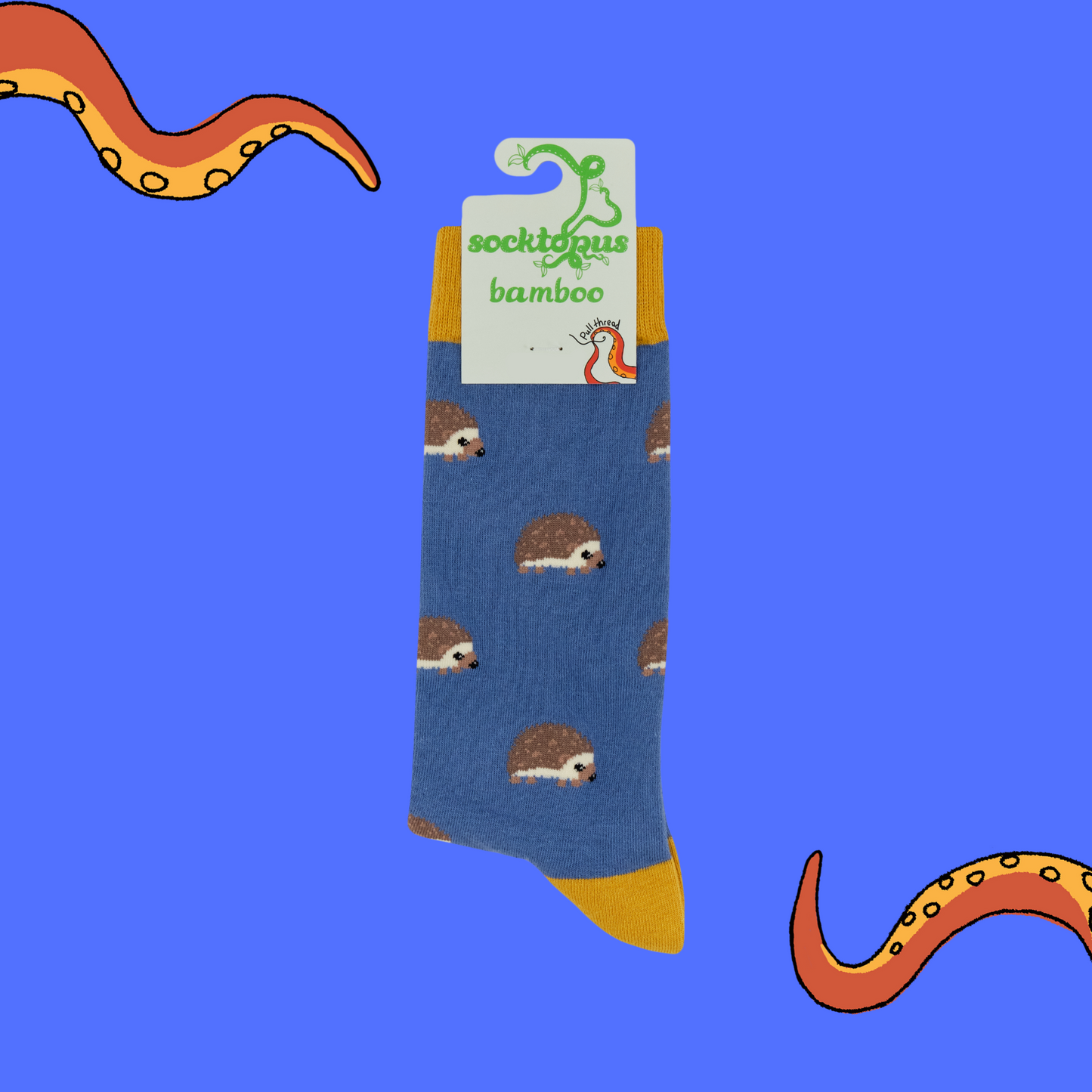 A pair of socks featuring cute hedgehogs. Dark blue legs, yellow heel, toe and cuff.