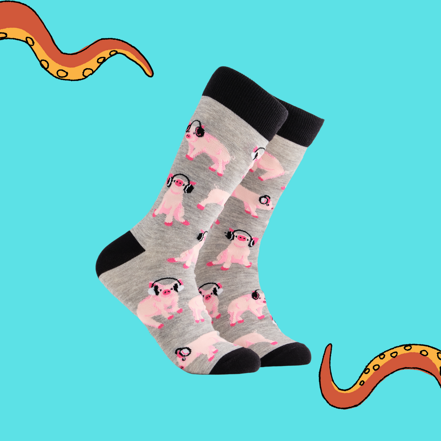 A pair of socks depicting Pigs being wearing headphones. Light grey legs, black cuff, heel and toe. Blue background with Soctopus tentacles.