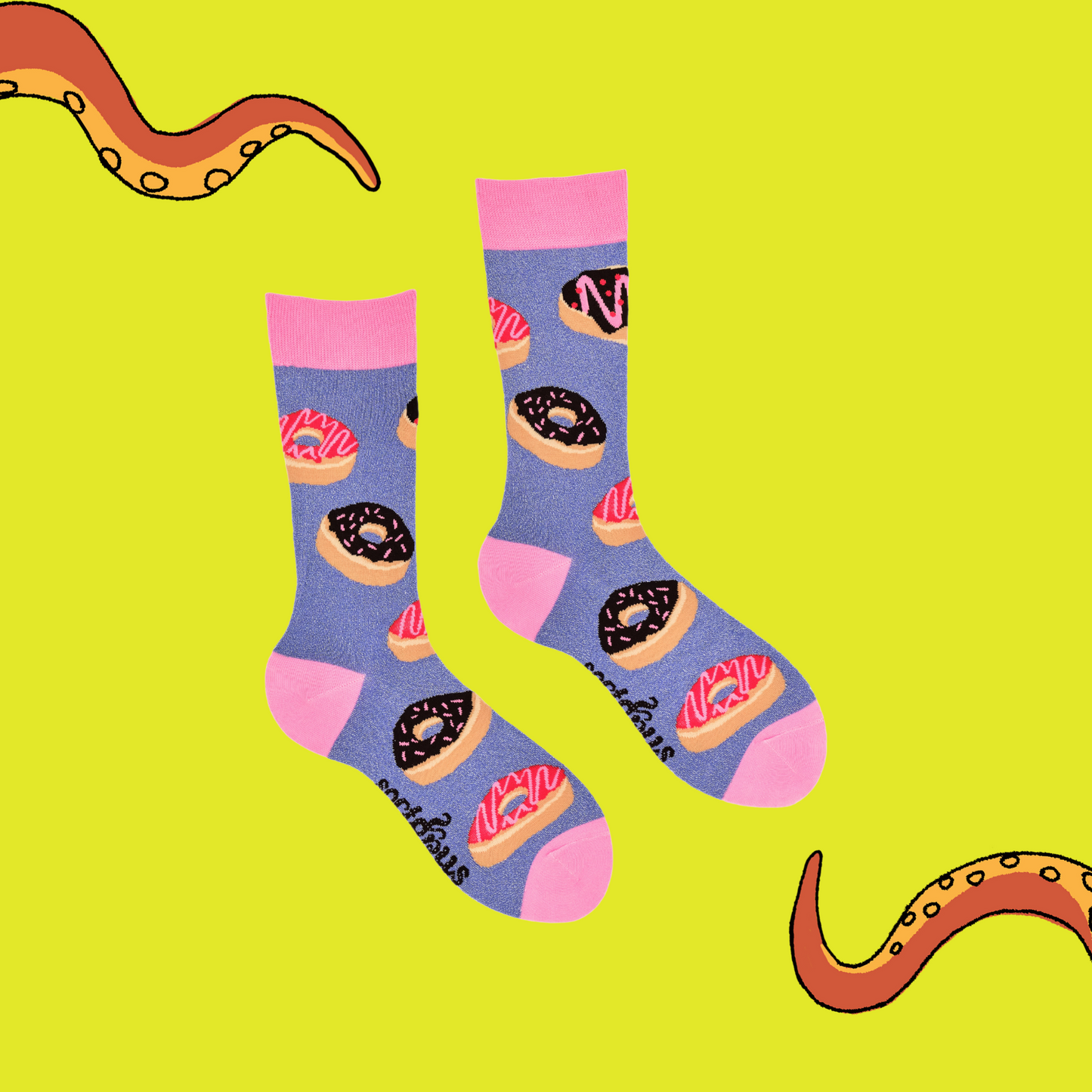 A pair of socks depicting iced doughnuts. Light purple legs, pink cuff, heel and toe.