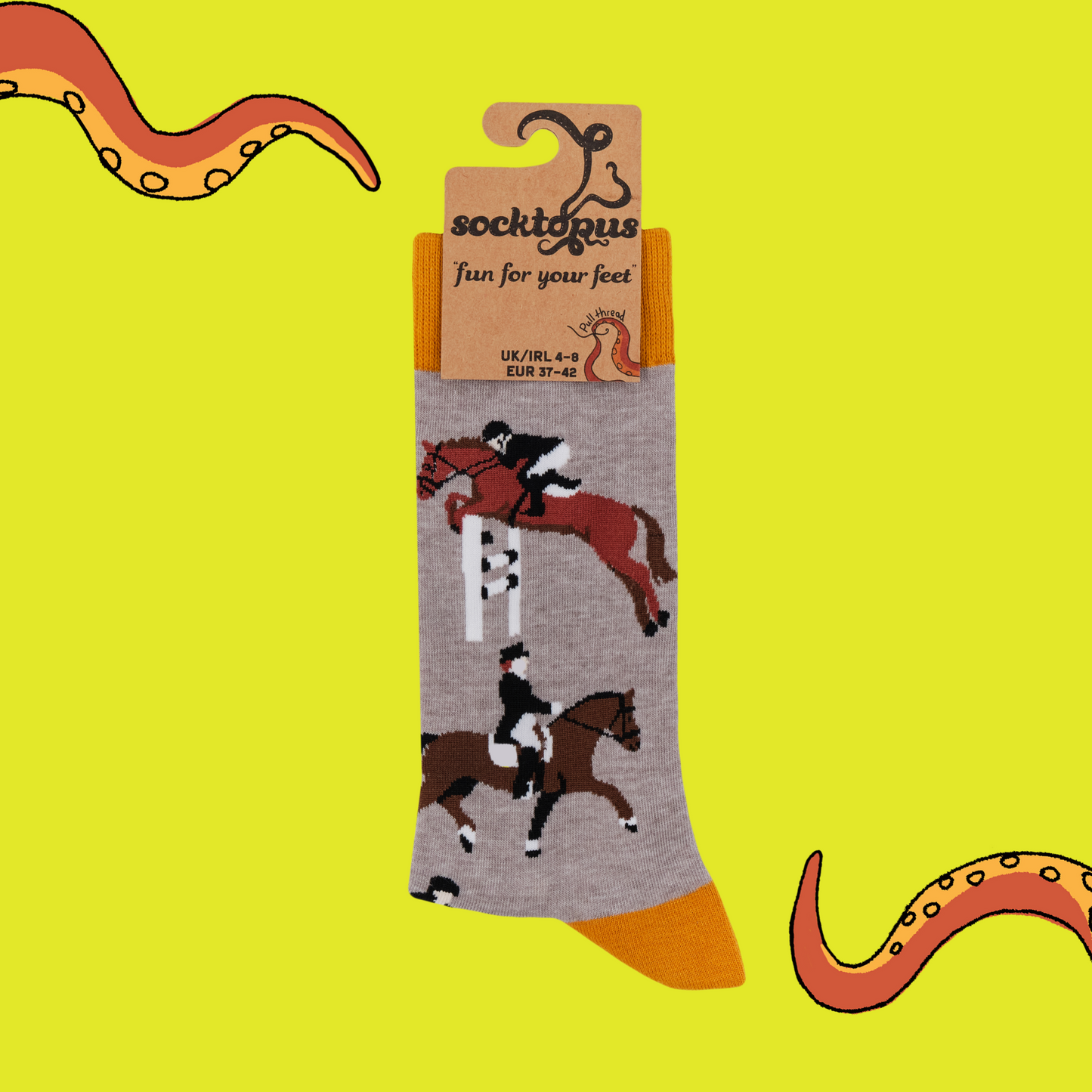 A pair of socks featuring show panies. Grey legs, yellow heel, toe and cuff.