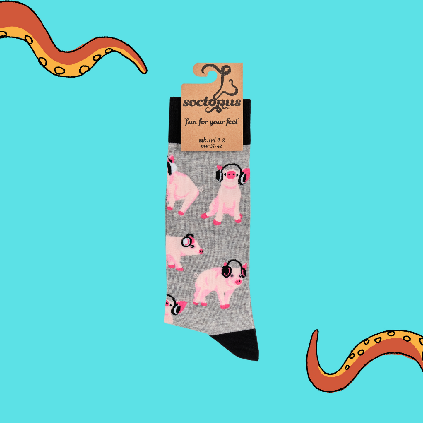 A pair of socks depicting Pigs being wearing headphones. Light grey legs, black cuff, heel and toe. In Soctopus packaging. Blue background with Soctopus tentacles.