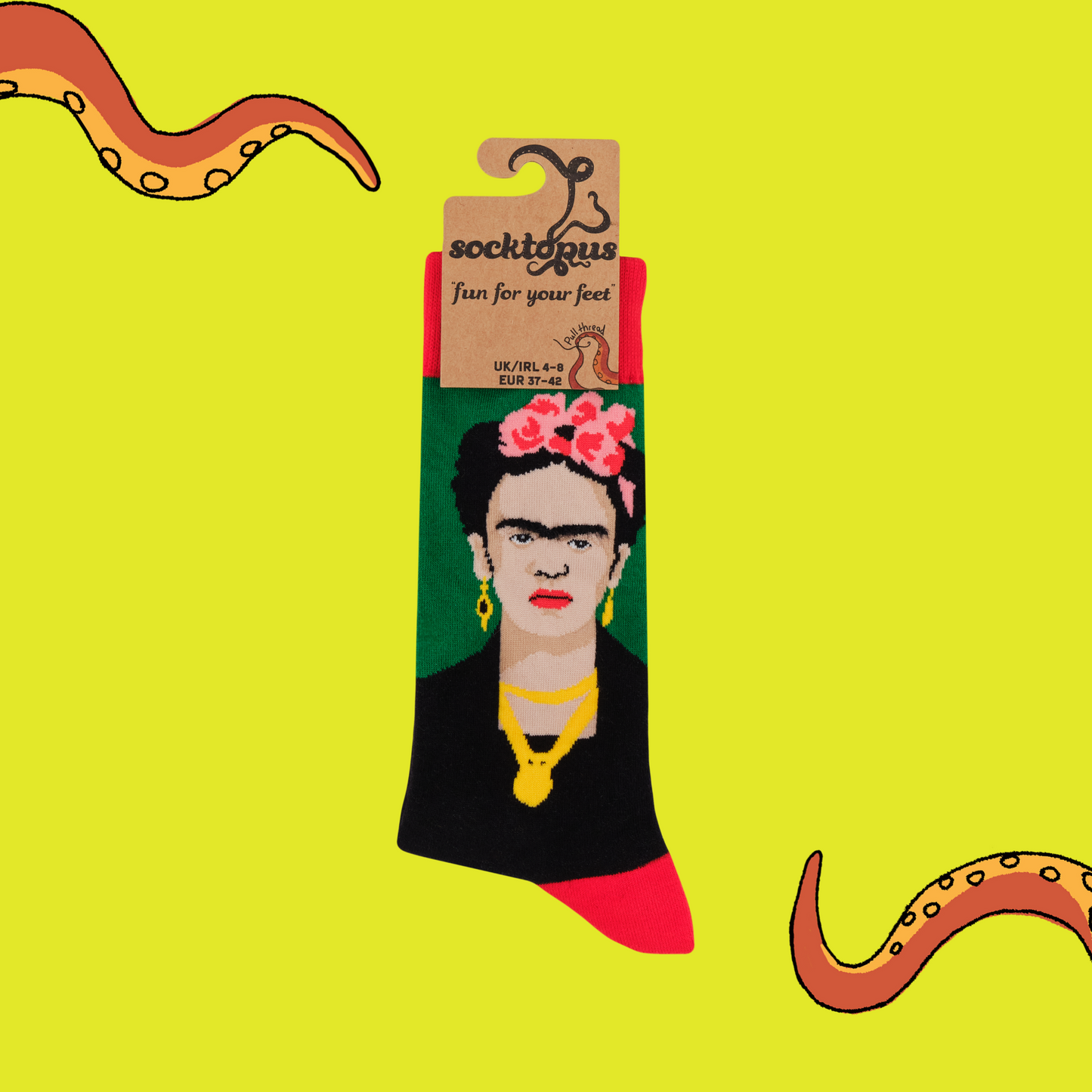 A pair of socks featuring the iconic artist. Red legs, heel and toe.
