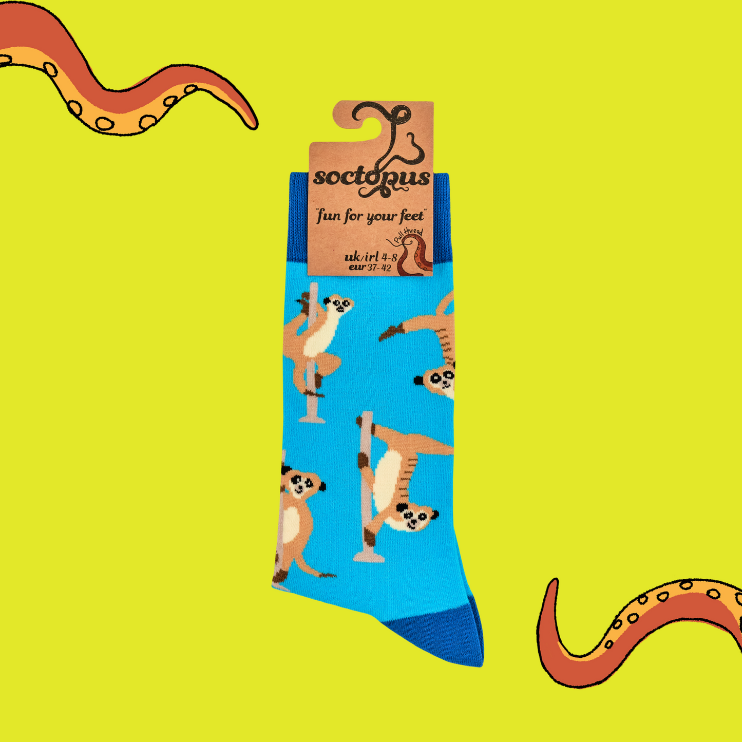 A pair of socks featuring pole dancing meerkats. Light blue legs, dark blue heel, toe and cuff.