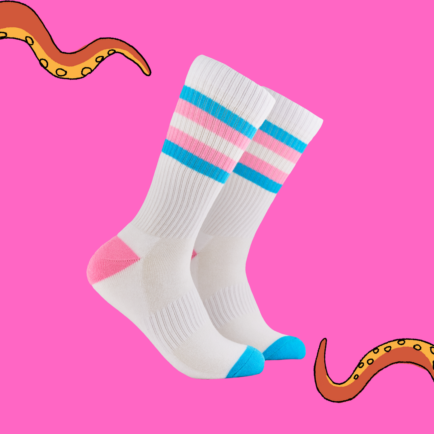 A pair of socks depicting tea cups and tea pots. White legs, pink and blue striped cuff, heel and toe.