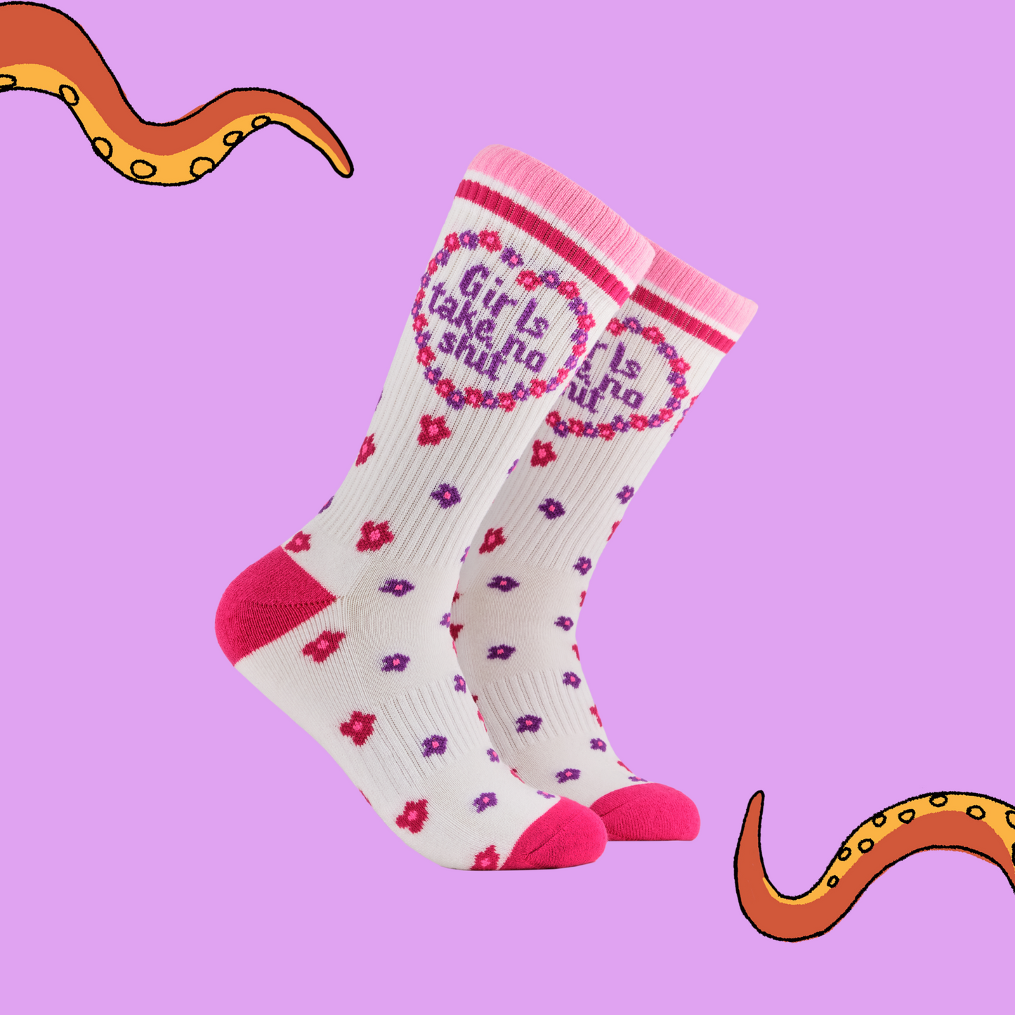 A pair of socks depicting the words