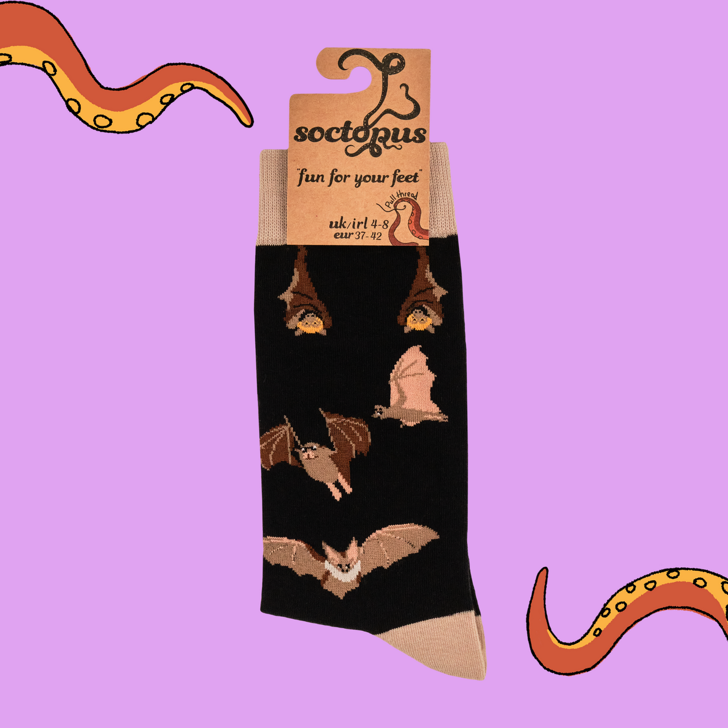 A pair of socks featuring a bat motif. Dark brown legs, light brown heel, toe and cuff.