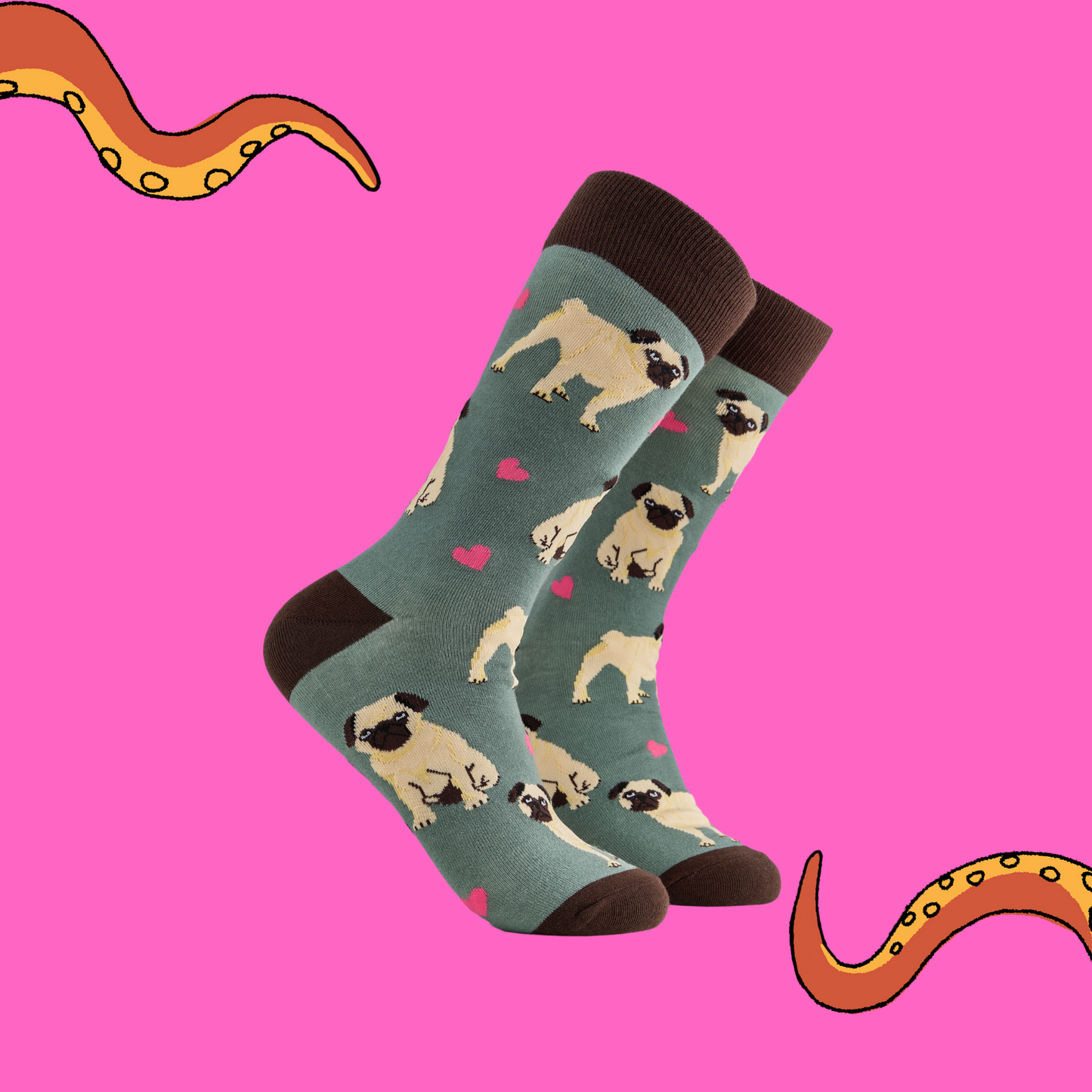 A pair of socks depicting hearts and pugs. Green legs, brown cuff, heel and toe