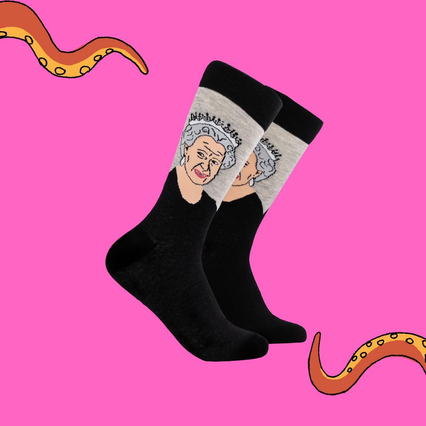 A pair of socks depicting HRH Queen Elizabeth II. Black legs, black cuff, heel and toe.