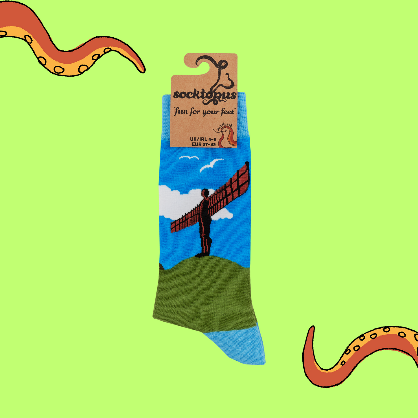 A pair of socks featuring the Angel of The North.
