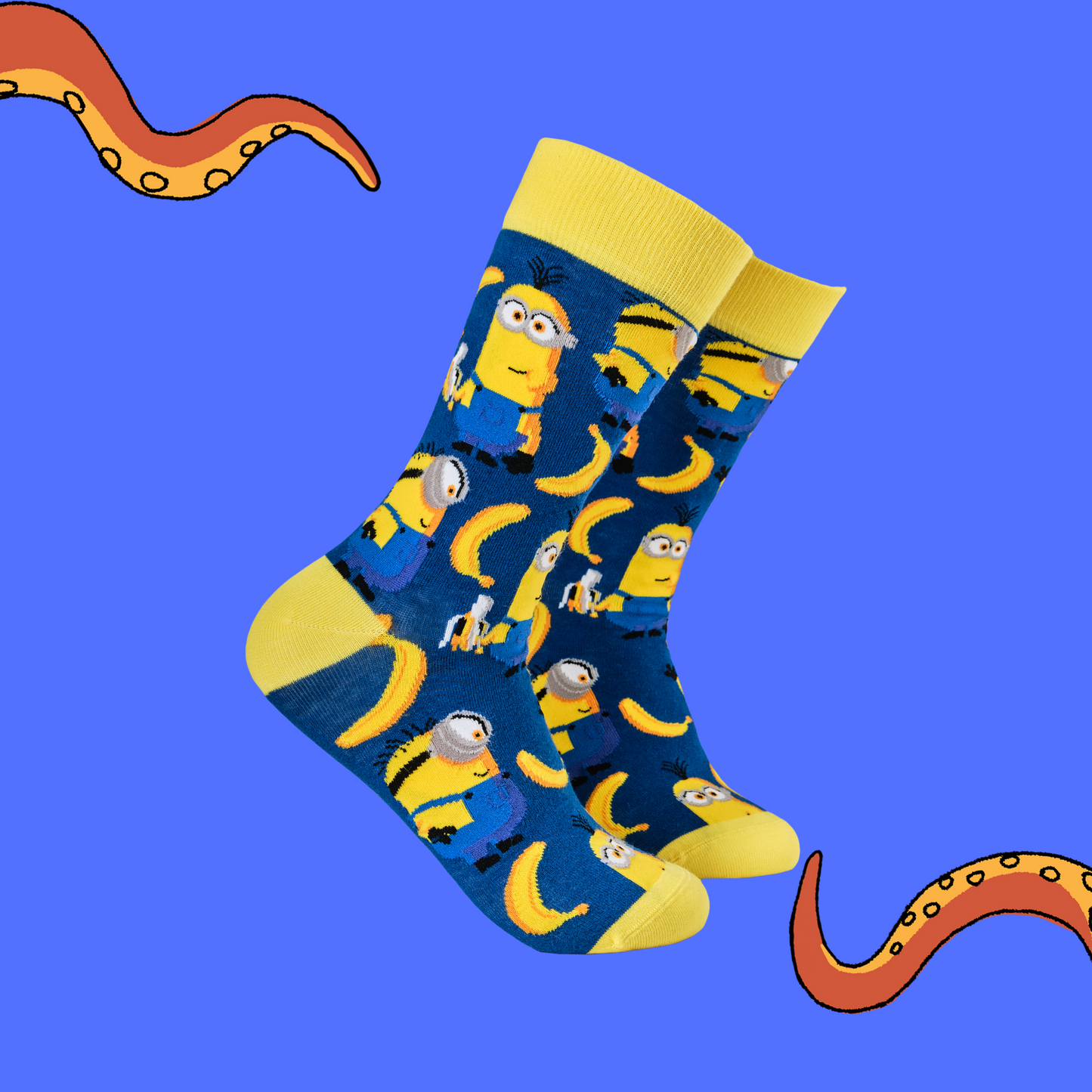A pair of socks depicting the minions. And bananas. Blue legs, yellow heel toe and cuff.