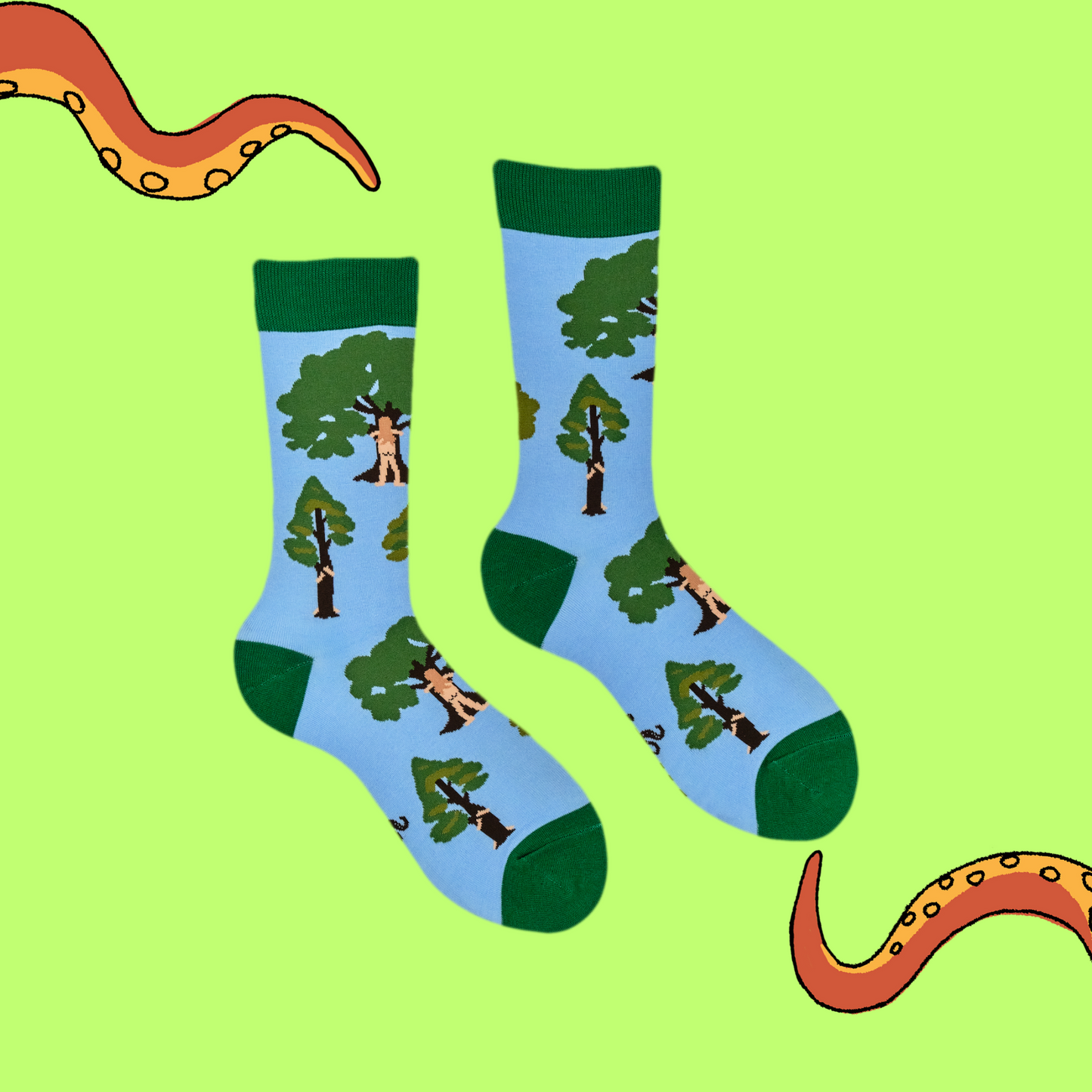 A pair of socks featuring tree huggers. Blue legs, green heel, toe and cuff.