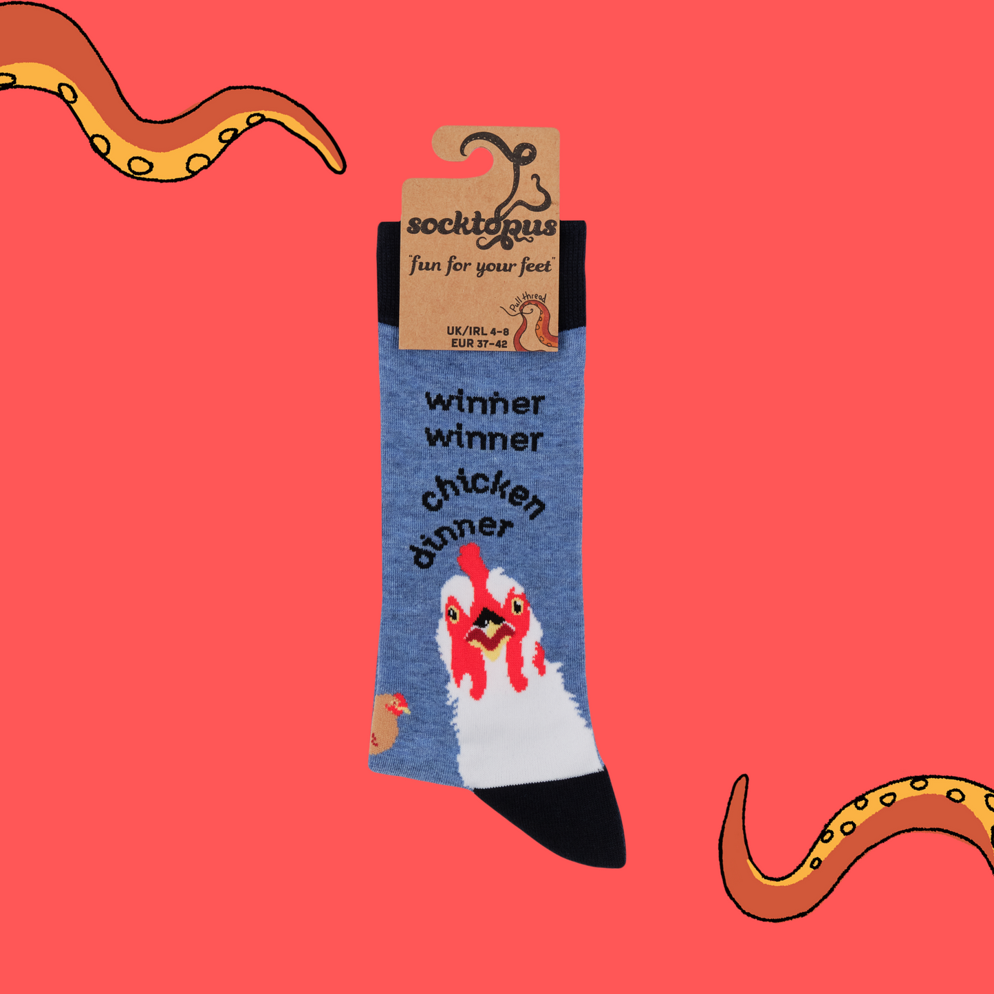 A pair of socks with a winning slogan. Blue legs, black heel, toe and cuff.