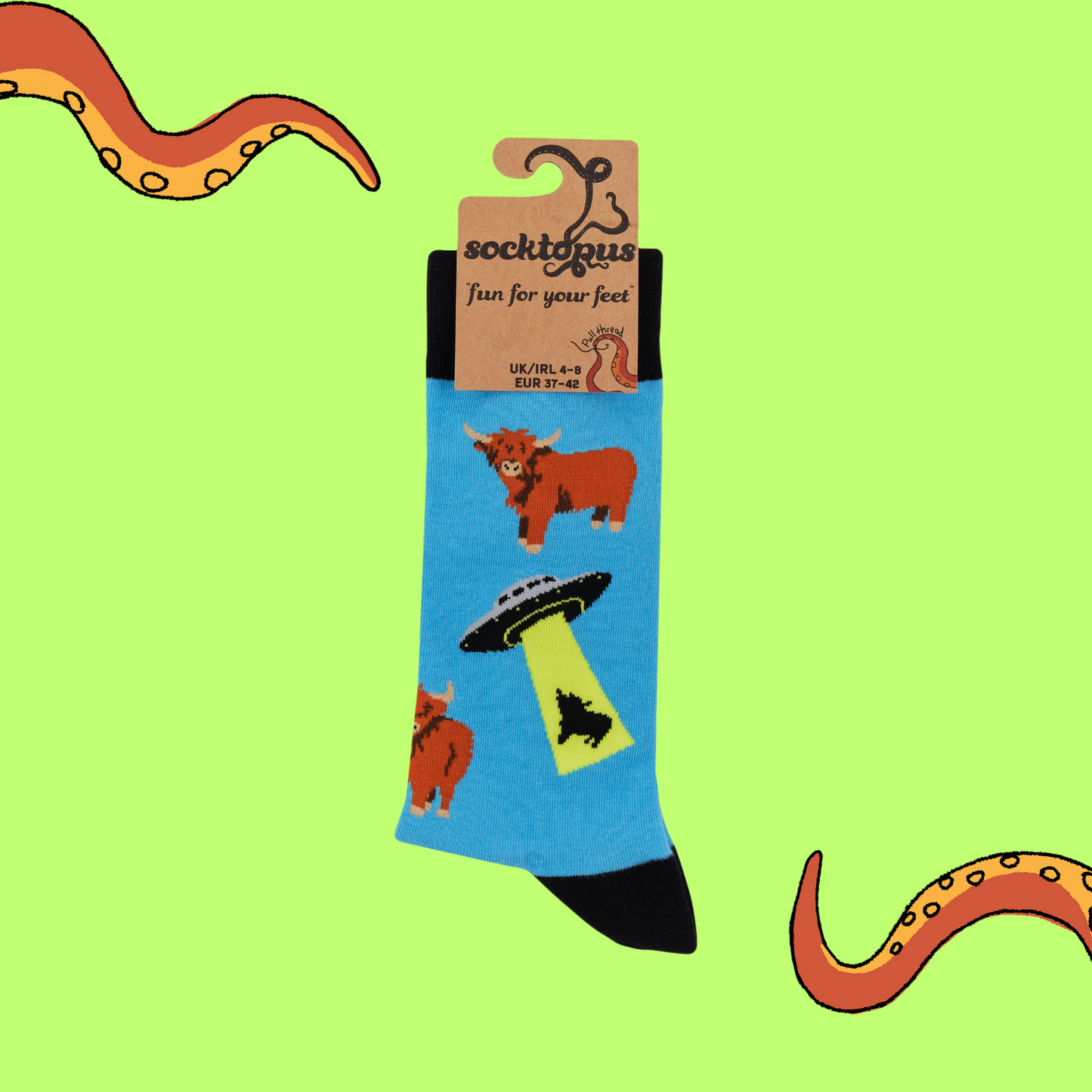 A pair of out of this world socks. Blue legs, black heel, toe and cuff.