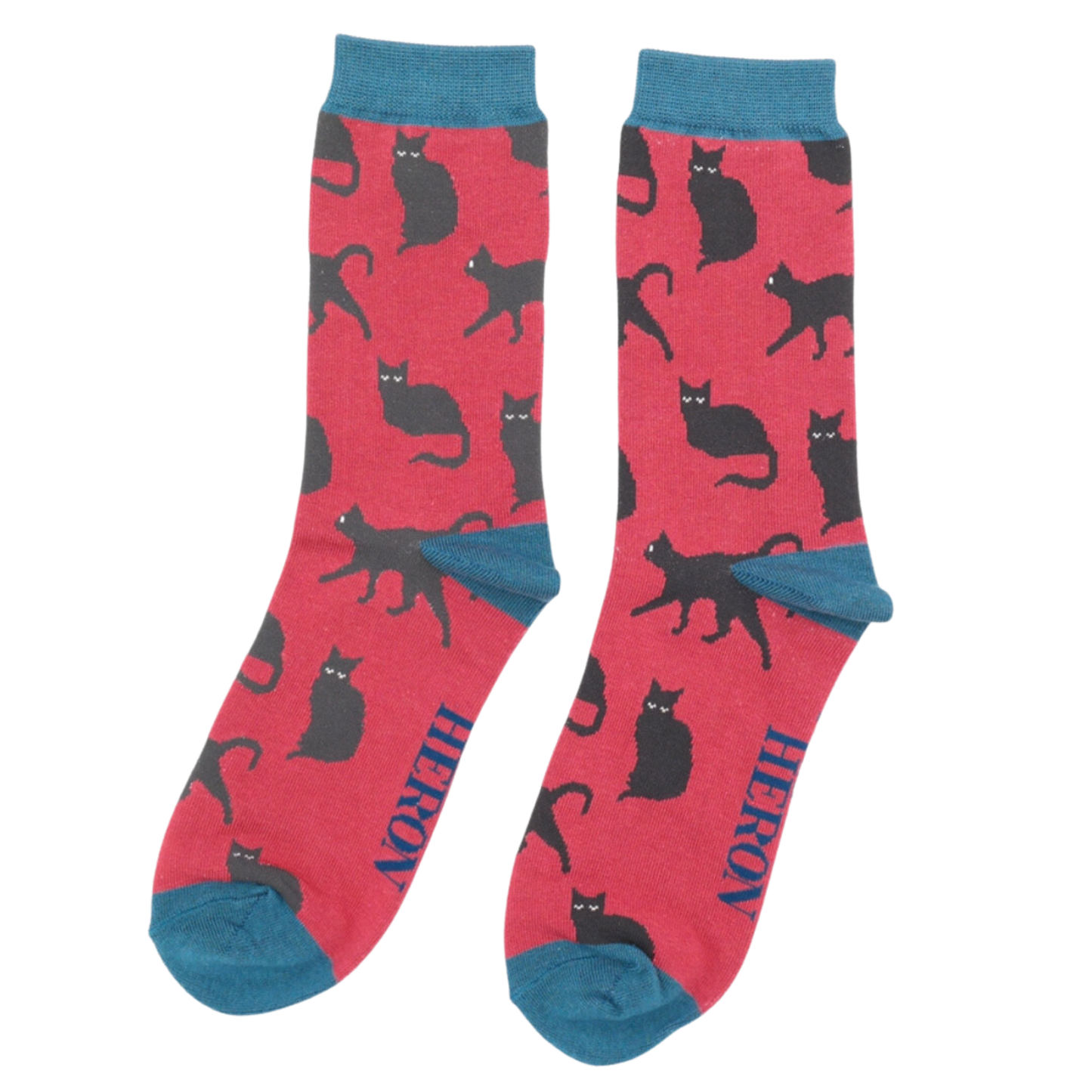 Cute Cats Bamboo Socks - Miss Sparrow. A pair of socks depicting cute black cats. Red legs, blue toe, cuff and heel.