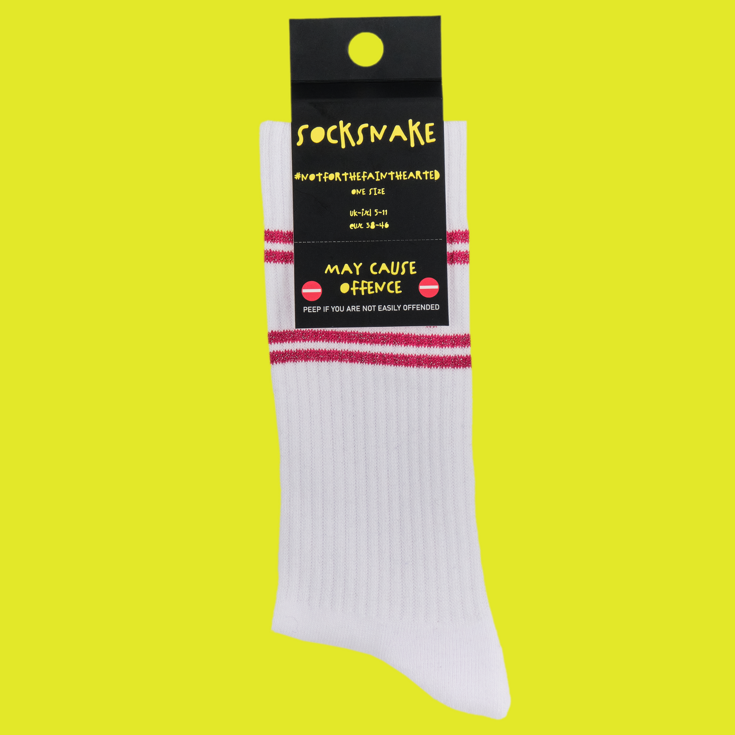 A white pair of athletic socks with red trim on the ankles and toes. A euphemism for the female genitals on the ankle. In socksnake packaging.