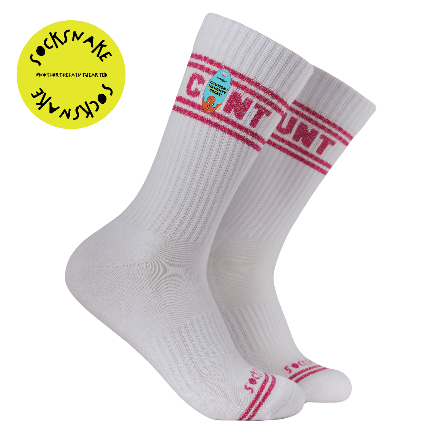 A white pair of athletic socks with red trim on the ankles and toes. A euphemism for the female genitals on the ankle.