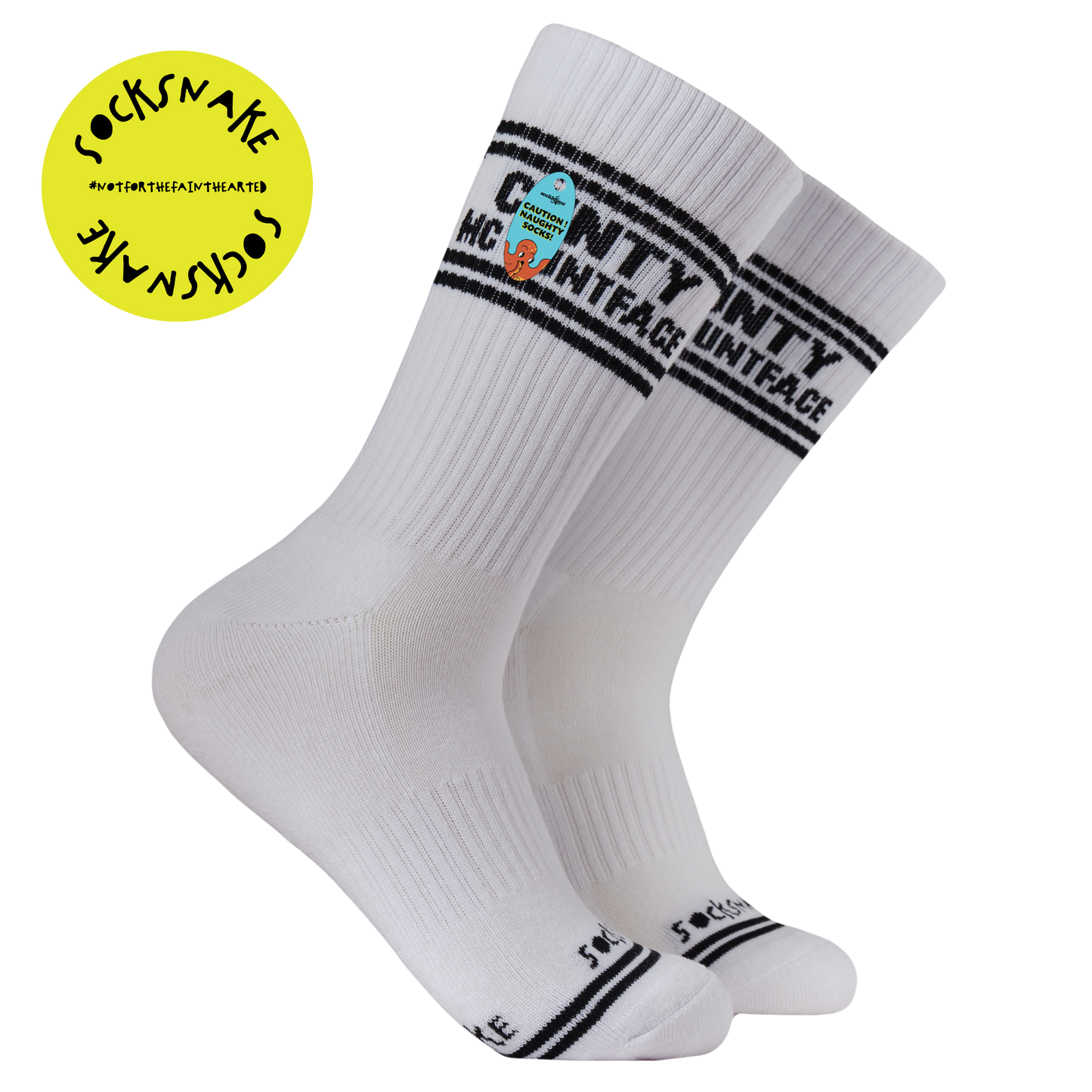A white pair of athletic socks with black trim on the ankles and toes. With some very rude words on the ankle.