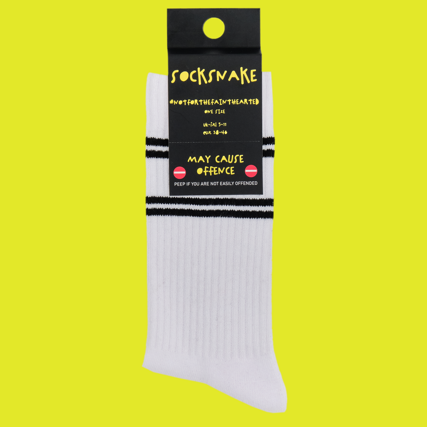 A white pair of athletic socks with black trim on the ankles and toes. With some very rude words on the ankle. In socksnake packaging.