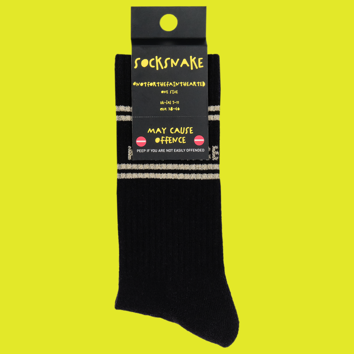 A black pair of athletic socks with white trim on the ankles and toes. With some very rude words on the ankle. In socksnake packaging.