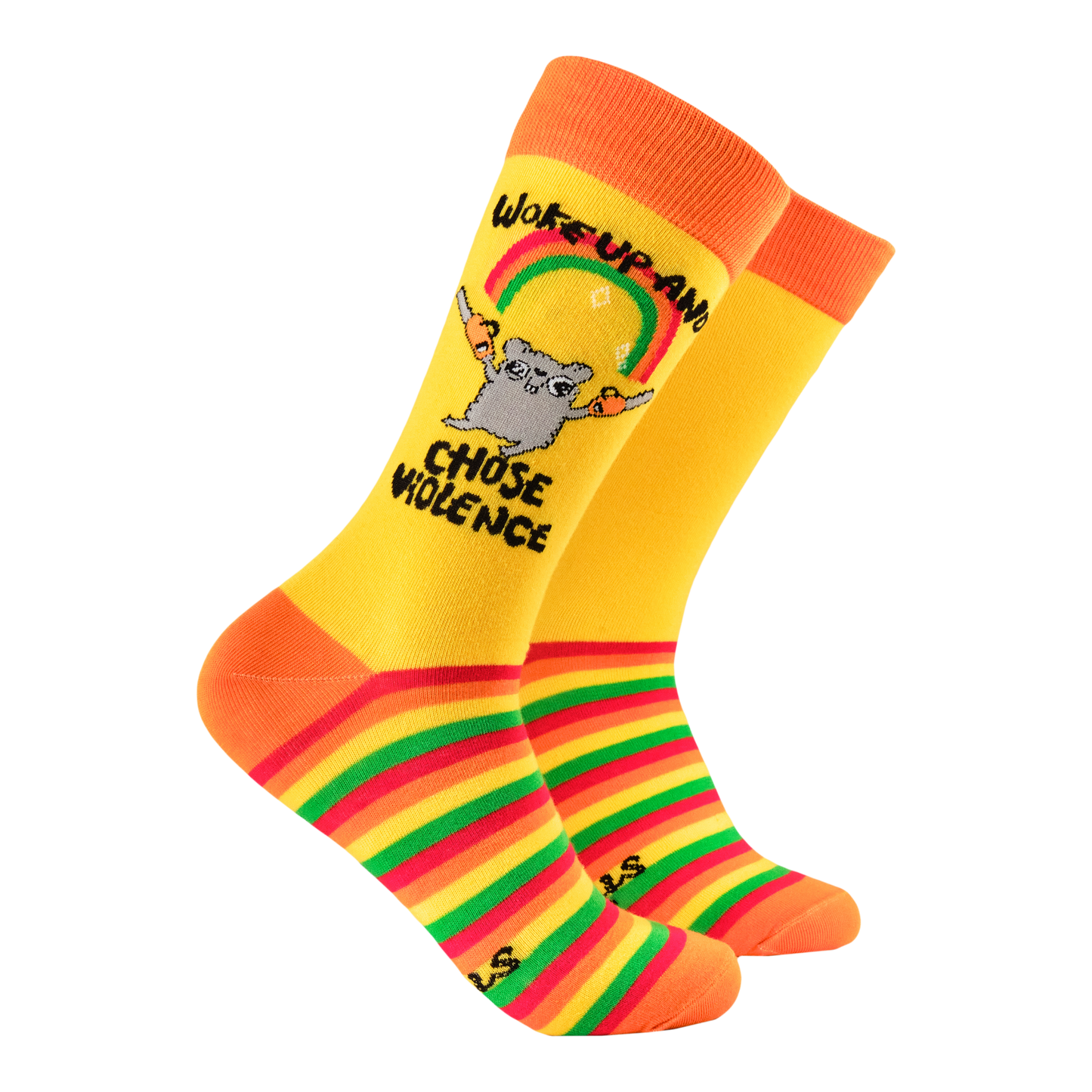 Chose Violence Socks - Soctopus X Katie Abey. A pair of socks depicting a mouse holding chainsaws with the slogan 'woke up and chose violence'. Yellow striped legs, orange toe cuff and heel.