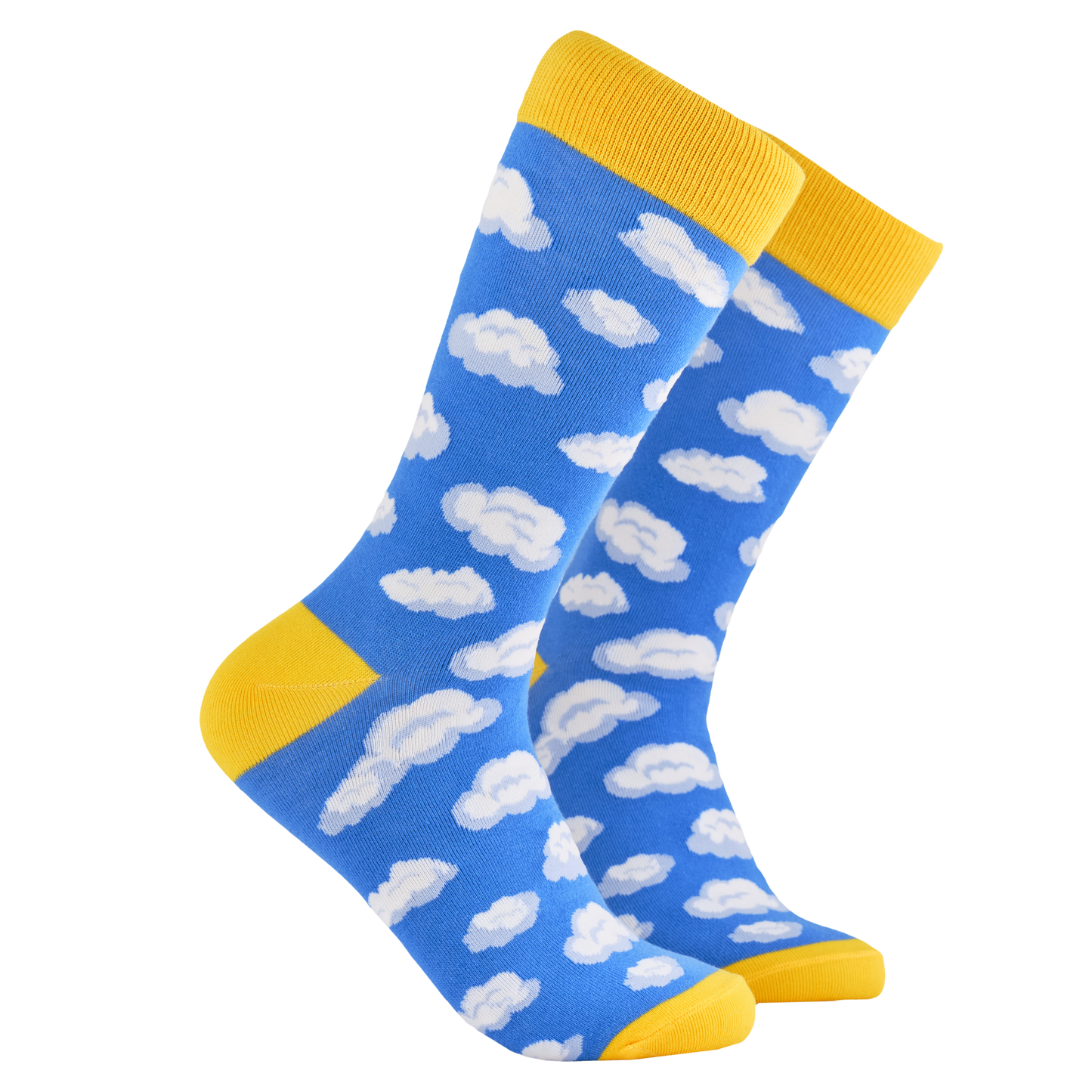 Clouds Socks. A pair of socks depicting little fluffy clouds. Blue legs, yellow cuff, heel and toe.