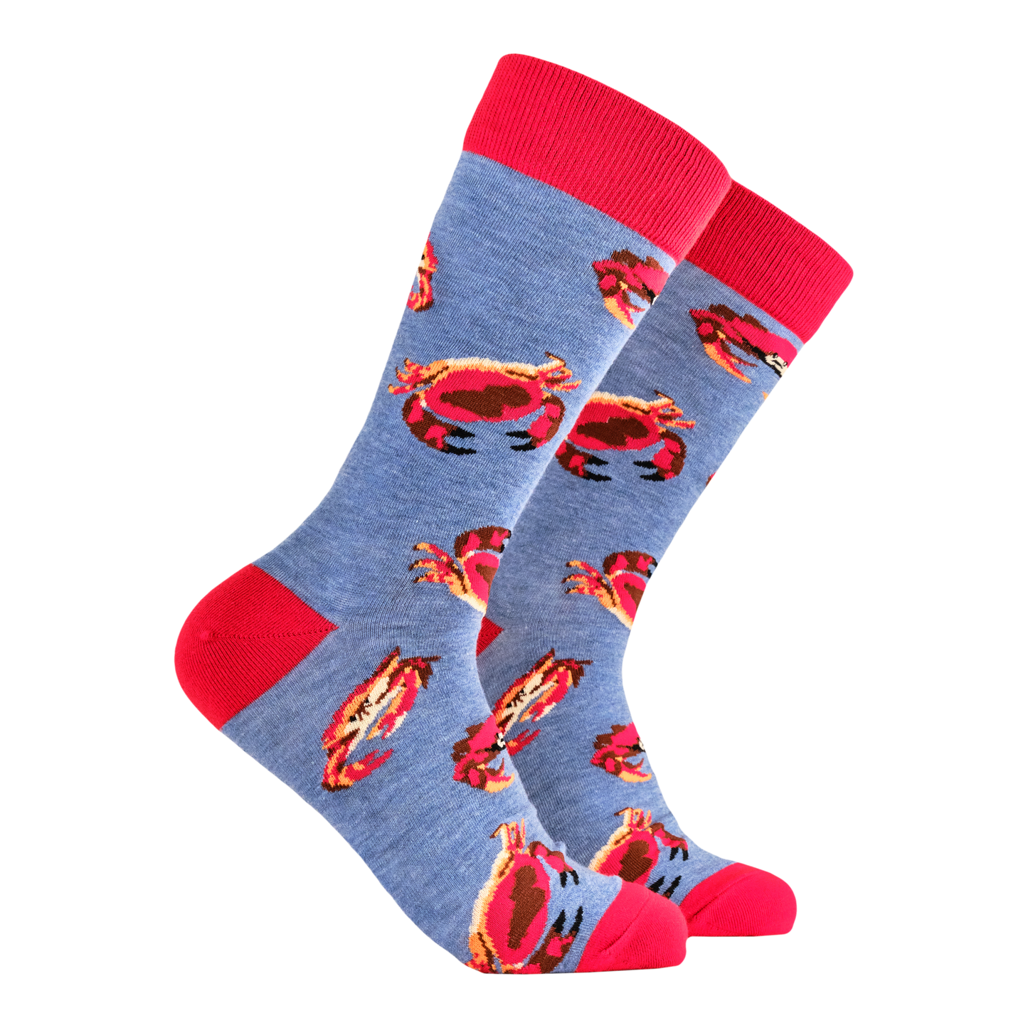 Crab Socks. A pair of socks featuring a crab motif. Blue legs, red heel, toe and cuff.