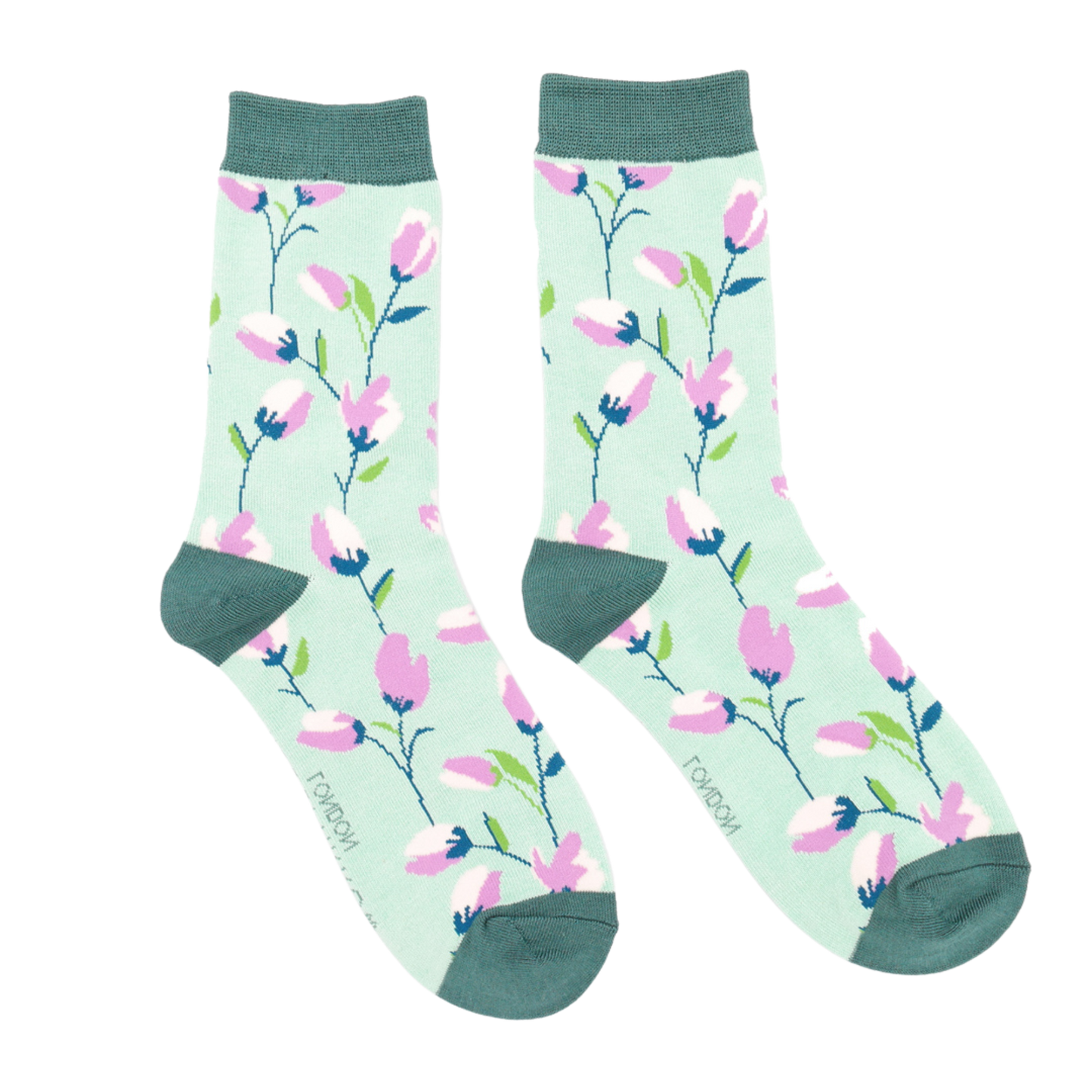 Ditsy Flowers Bamboo Socks - Miss Sparrow. A pair of socks with a fun floral pattern. Green legs, green cuff, heel and toe.