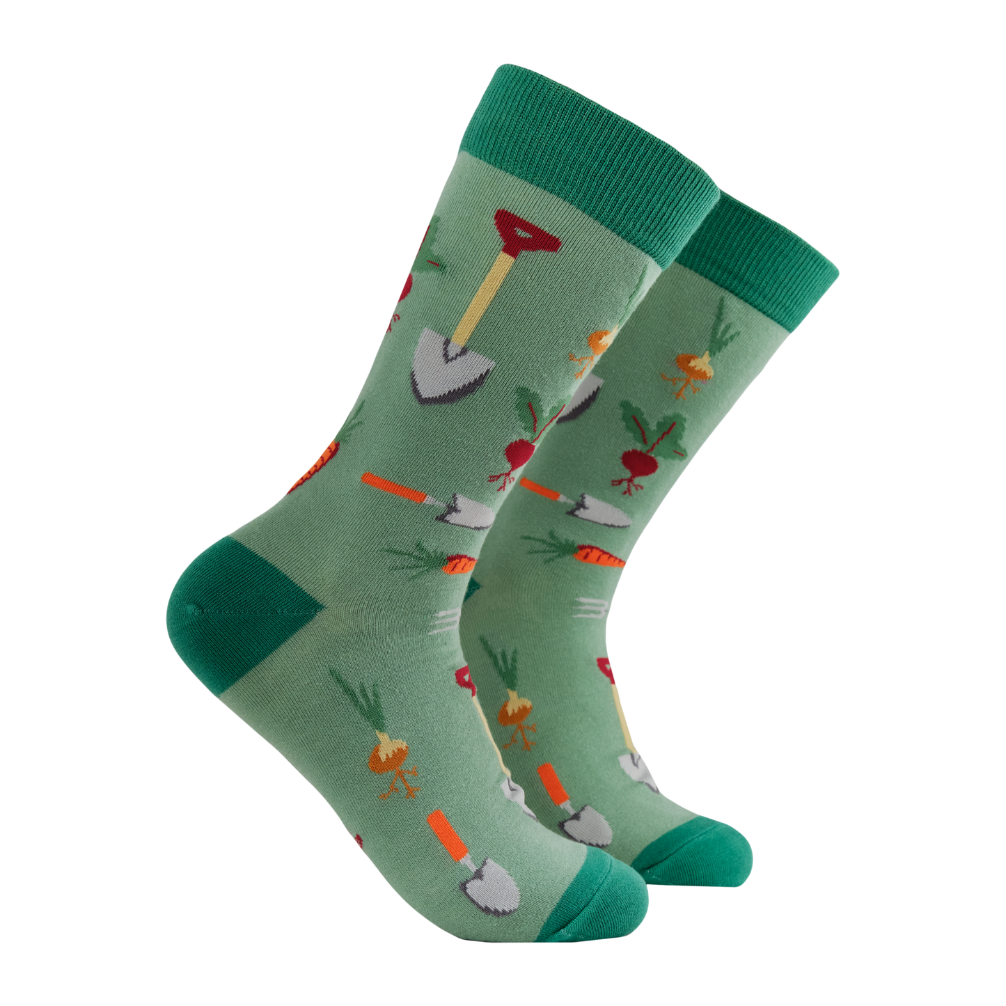 Gardening Socks - Dig Deep. A pair of socks with a gardening motif. Green legs, heel, toe and cuff.