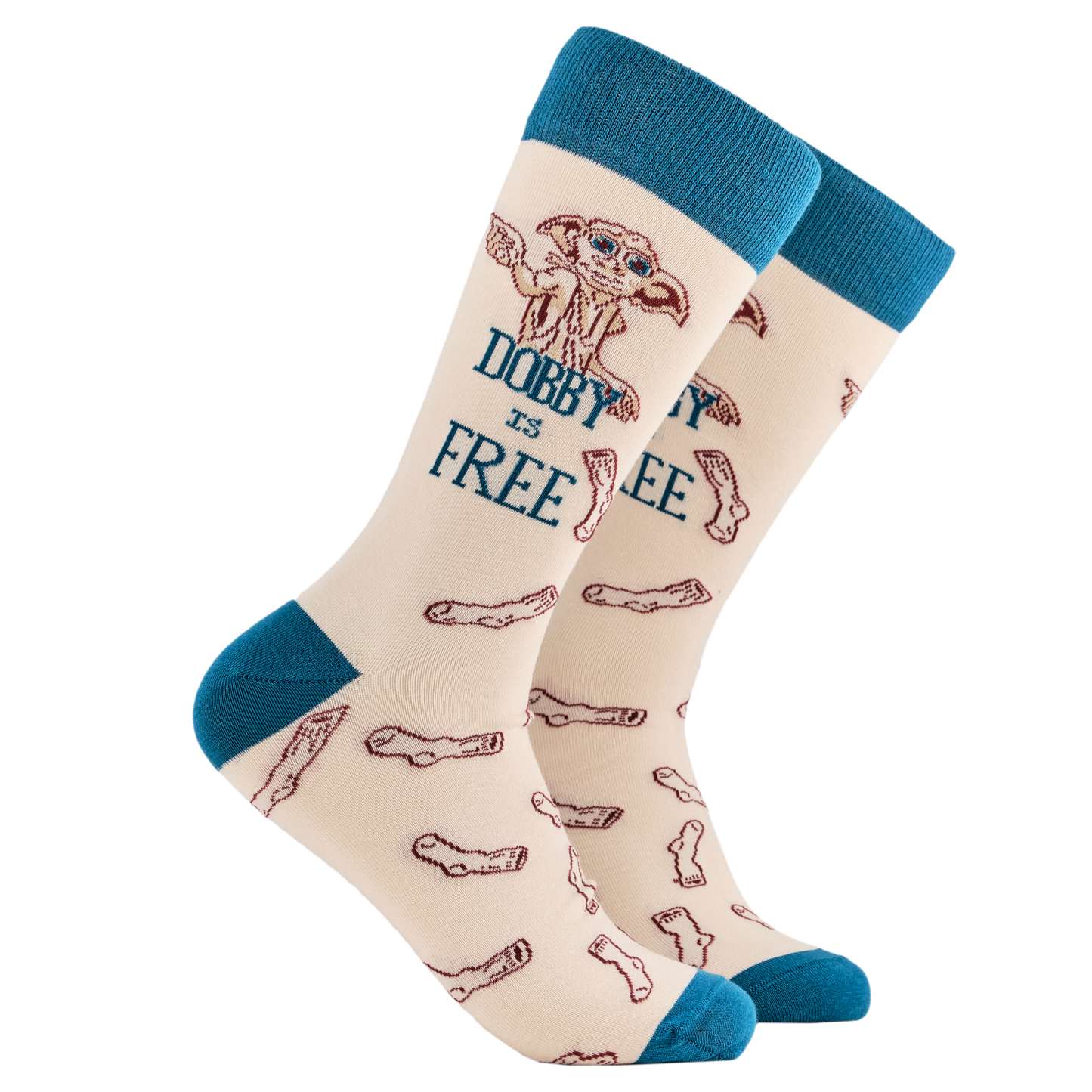Harry Potter Socks - Dobby. A pair of socks depicting Dobby the house elf. Cream legs, blue cuff, heel and toe.