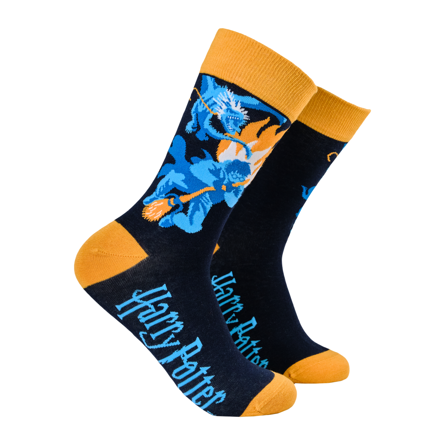 Harry Potter Socks - Dragon Flight. A pair of socks depicting harry Potter being chased by a dragon. Dark blue legs, yellow heel toe and cuff.